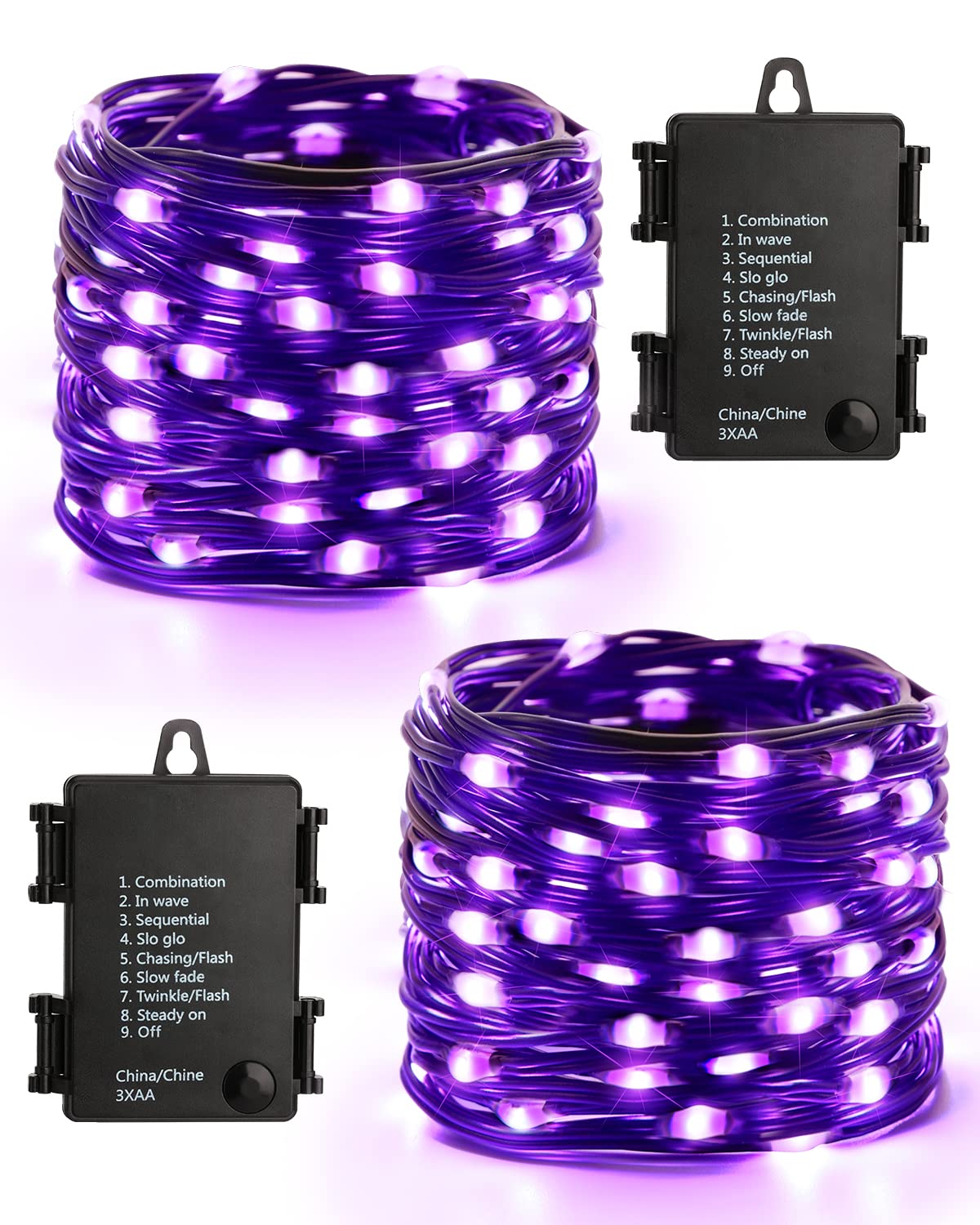 Brizled Purple Halloween Lights, 2 Pack 17.38Ft 50 Led Battery Powered Halloween String Lights With Timer, 8 Modes Halloween Fai