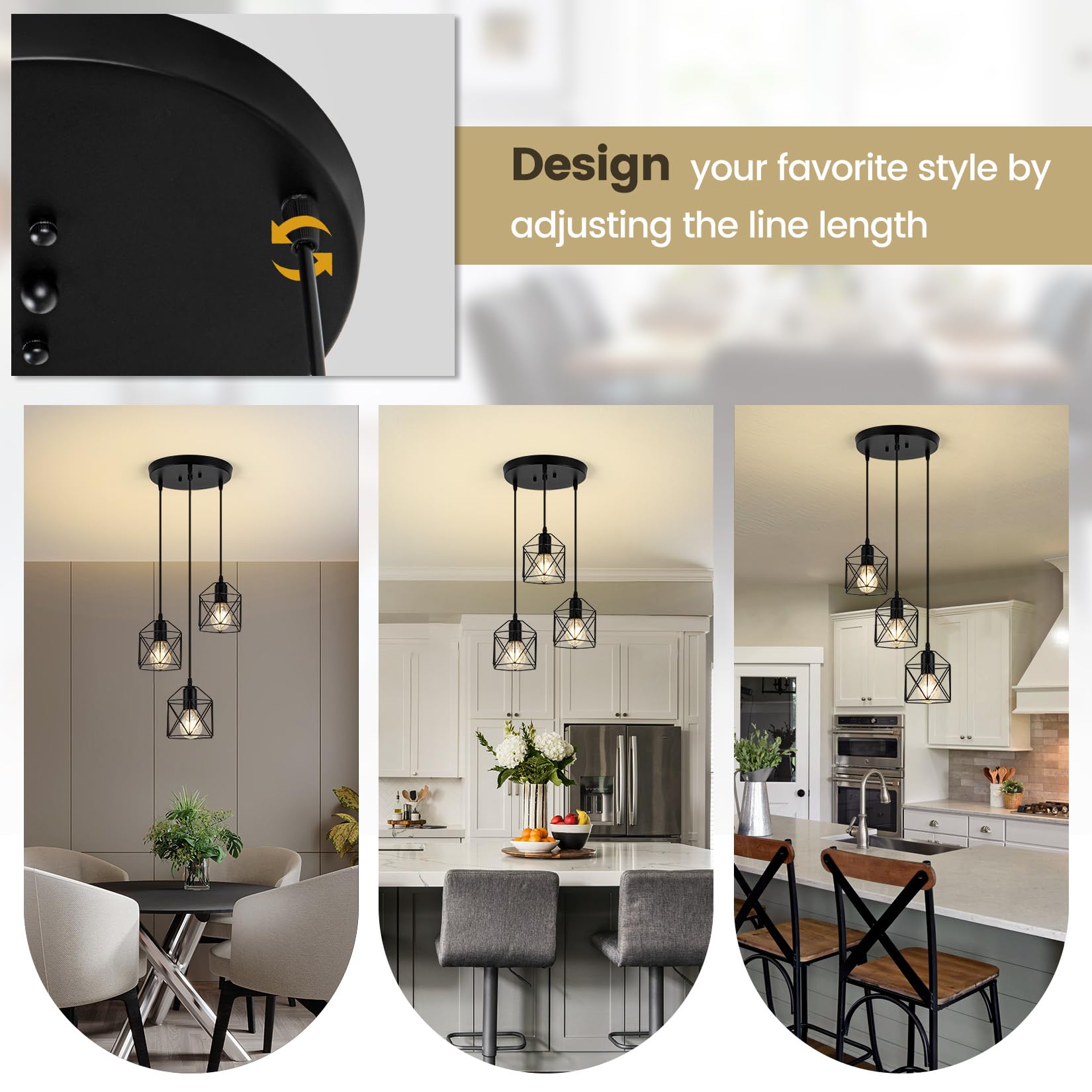 Rocunsi 3-Light Pendant Light Fixtures  Farmhouse Hanging Pendant Lighting  Dining Room Chandelier  Industrial Kitchen Island Hanging Light Fixture  Black Metal Cage Pendant Ceiling Lamp For Kitchen