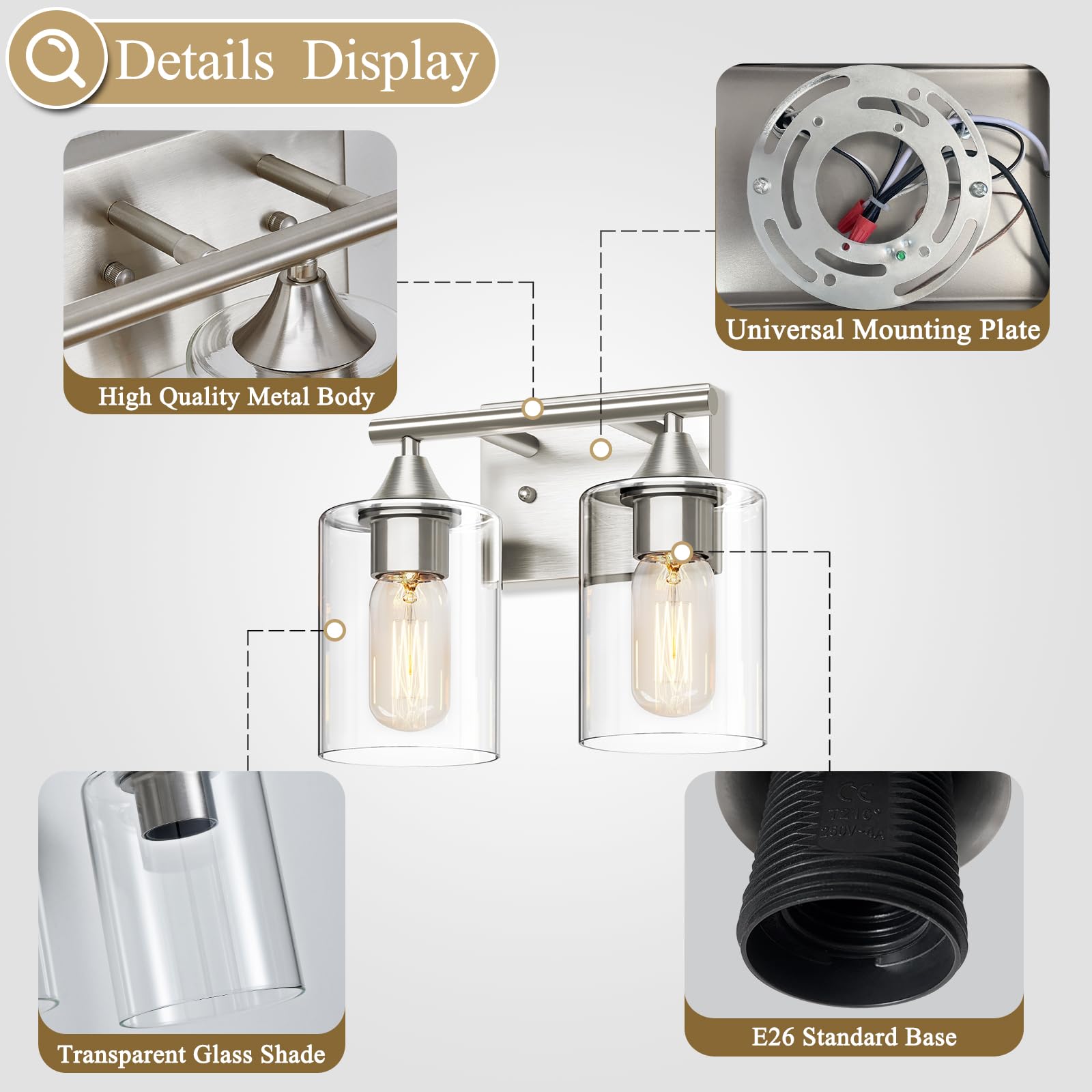 XPEHK Bathroom Vanity Light Fixture, 2-Light Modern Brushed Nickel Over Mirror, Glass and Metal Construction