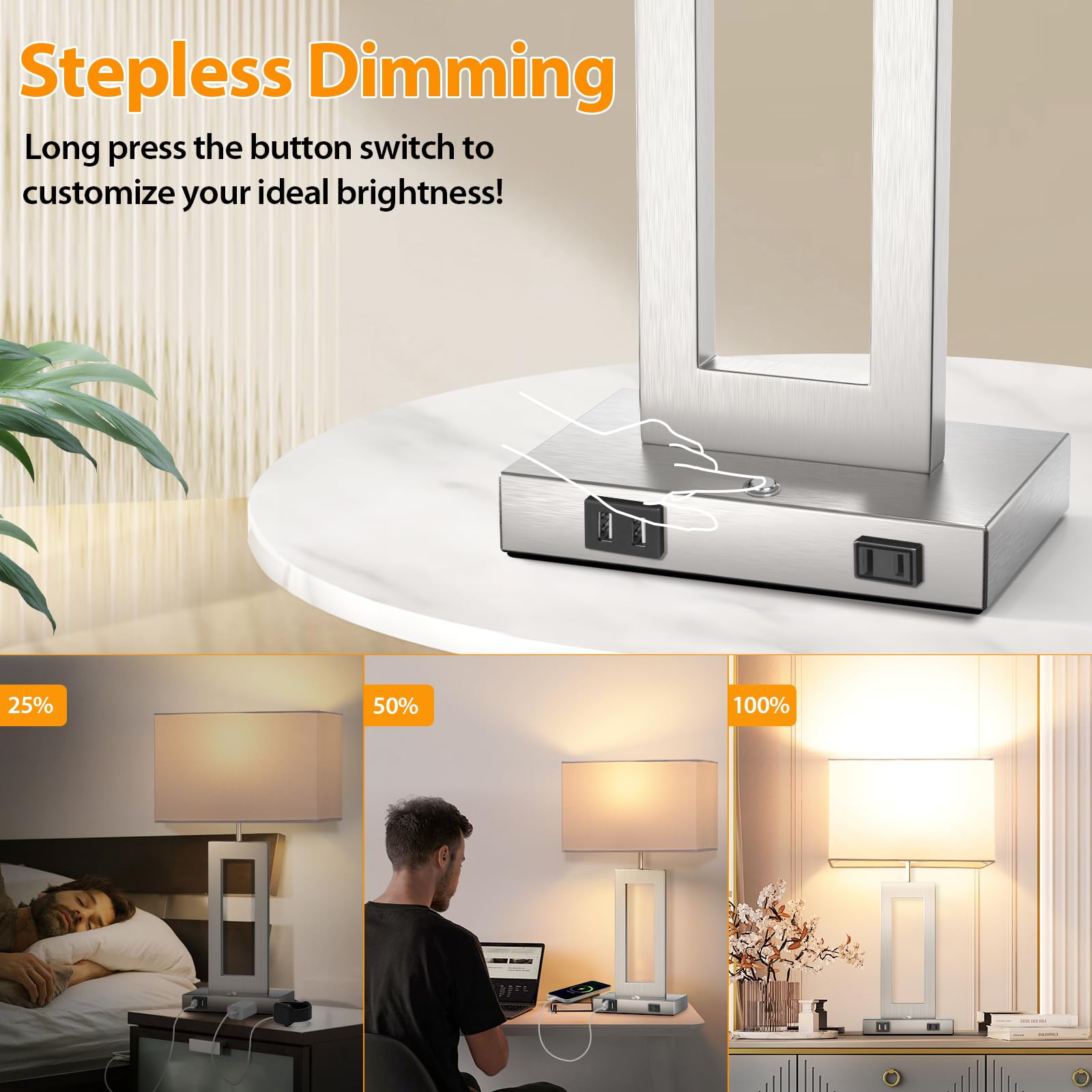 22 Touch Control Table Lamps Set Of 2, 3 Color Temperatures Bedroom Bedside Lamps, Modern Silver Dimmable Lamps With Usb Ports &