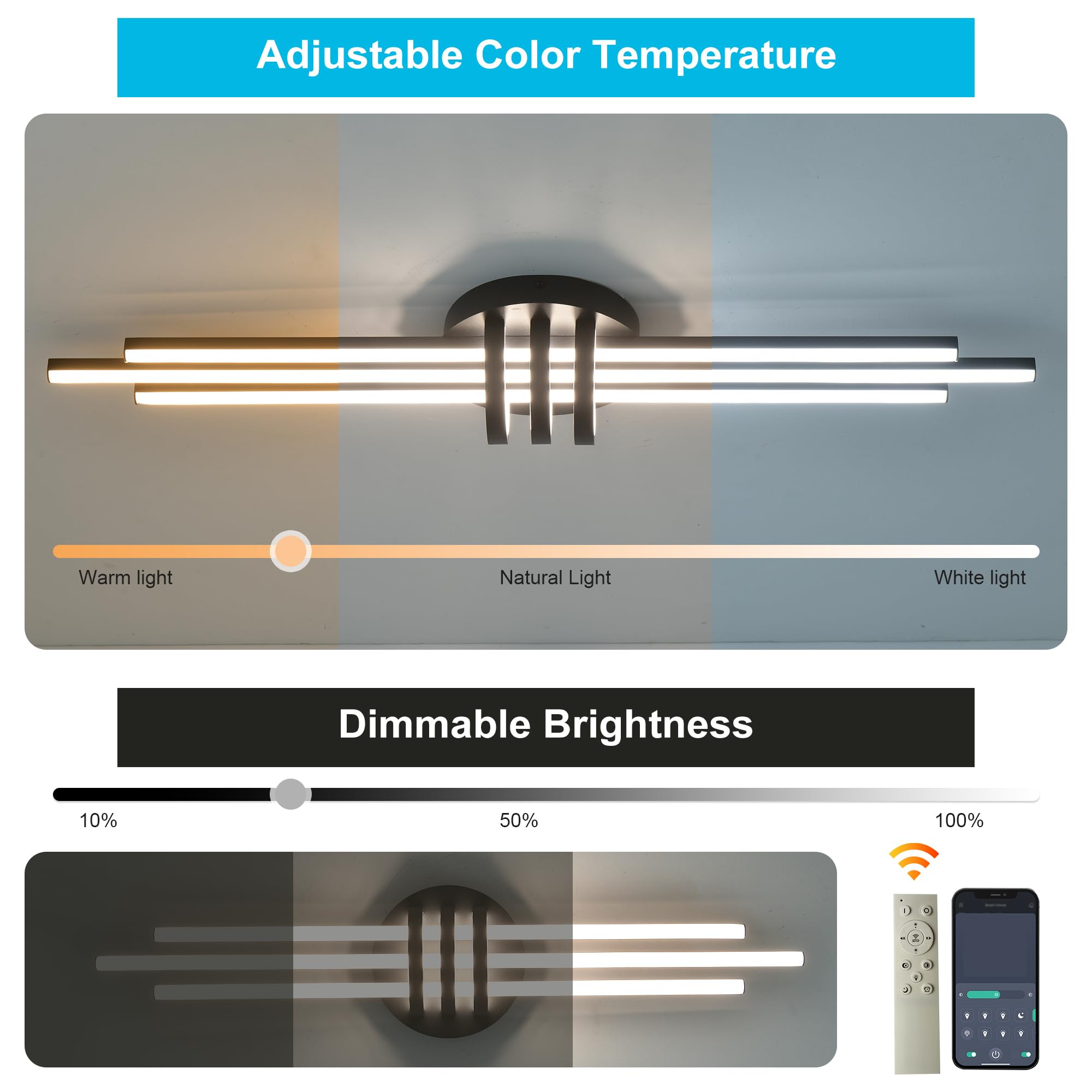 Garwarm Modern Ceiling Light Fixture,39.4 Inch Black Kitchen Lights Ceiling, Linear Dimmable Led Chandelier Remote Control For D