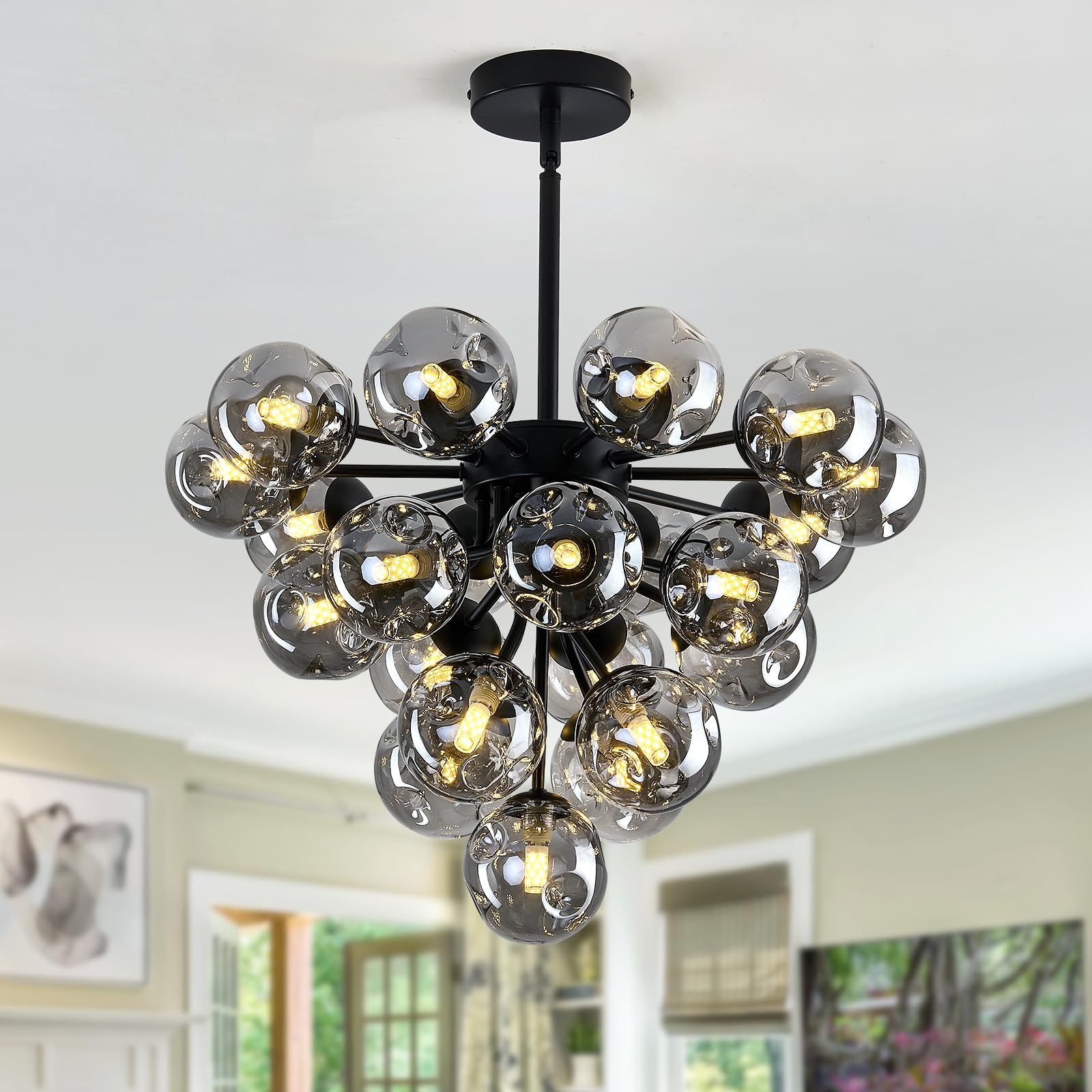 Szxykeji Black Modern Glass Globe Chandelier Mid Century 21-Light Pendant Lights Bubble Sputnik Ceiling Light Fixture For Dining