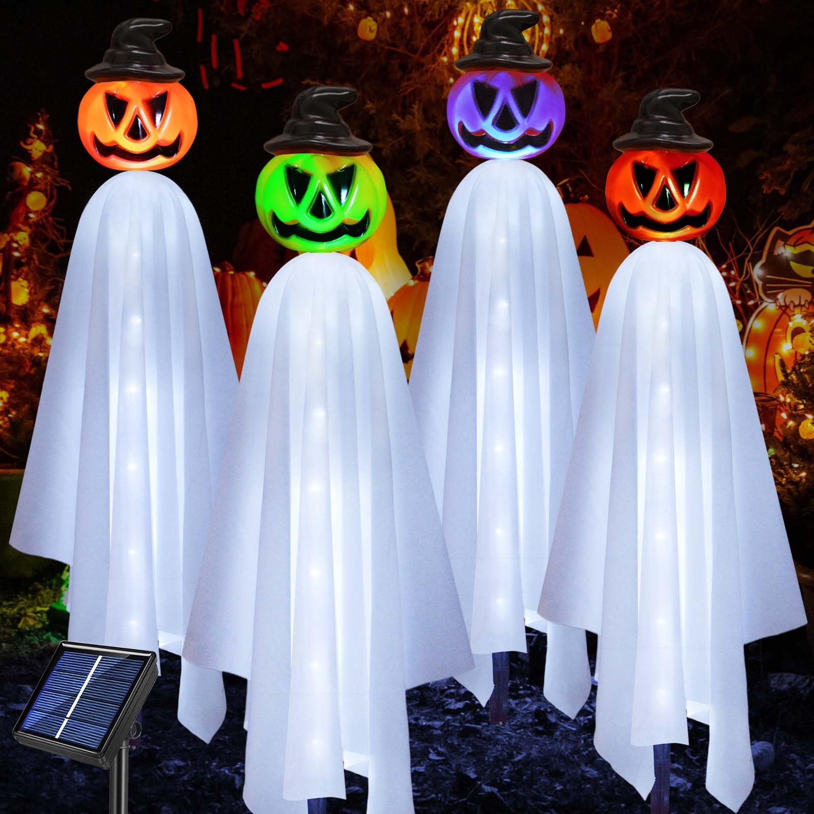 Upgraded Pumpkin Ghosts Halloween Decorations Outdoor, 4 Pack Waterproof Solar Ghosts Garden Stake Lights for Front Yard Patio L