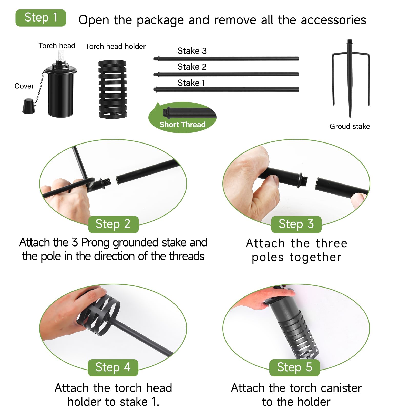 ZSZMFH 6 Pcs Metal Torch Set, 59-Inch Citronella Torches with 3-Prong Stake, Outdoor Garden Décor, 16 oz, 6 Pack