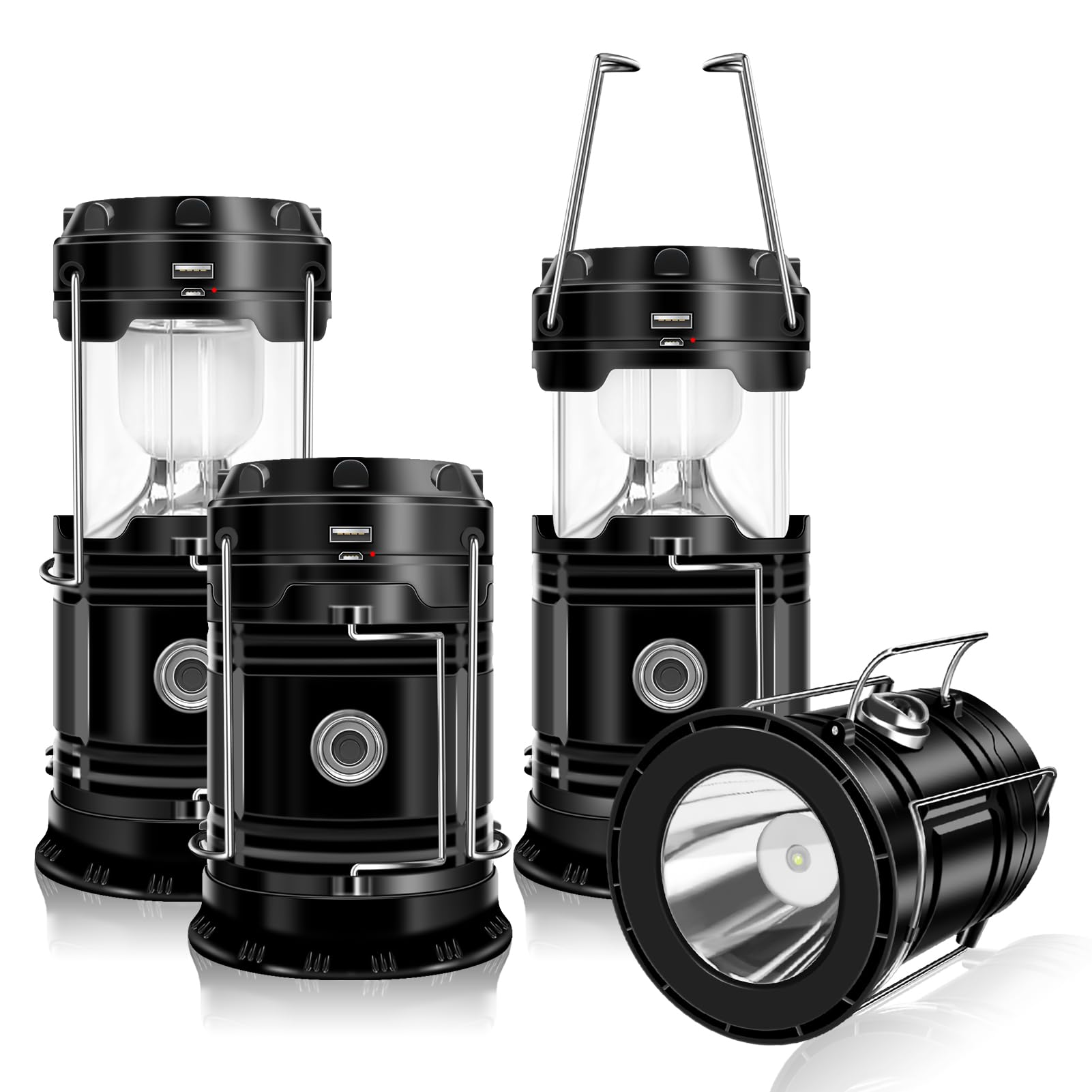 DIBMS Solar Camping Lantern 4-Pack, Collapsible LED USB Rechargeable Lights, White, Model PEC00592-DI