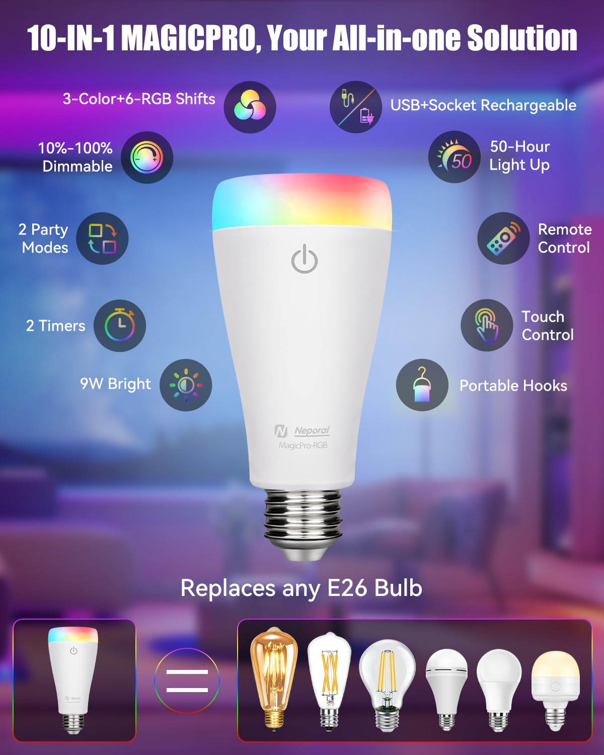 Neporal Magixpro Rechargeable Light Bulbs With Remote, Socket/Usb Rechargeable, 2H Fast Charge & 4-50H Lights Up, 9-Color Shift