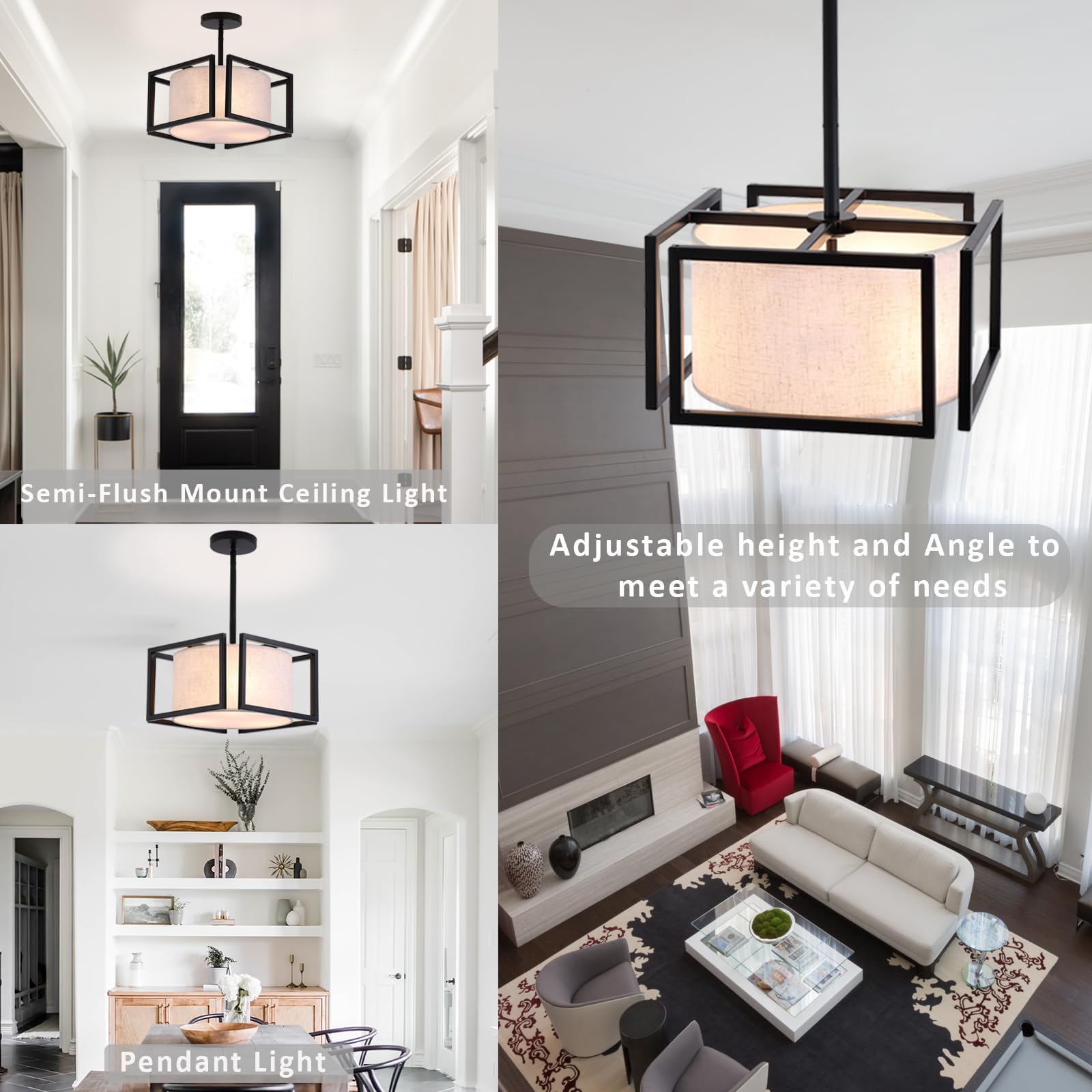 Vexagyle 3-Light Semi Flush Mount Ceiling Light Fixture,12.6   Modern Close To Ceiling Light With Fabric Linen Shade Black Metal