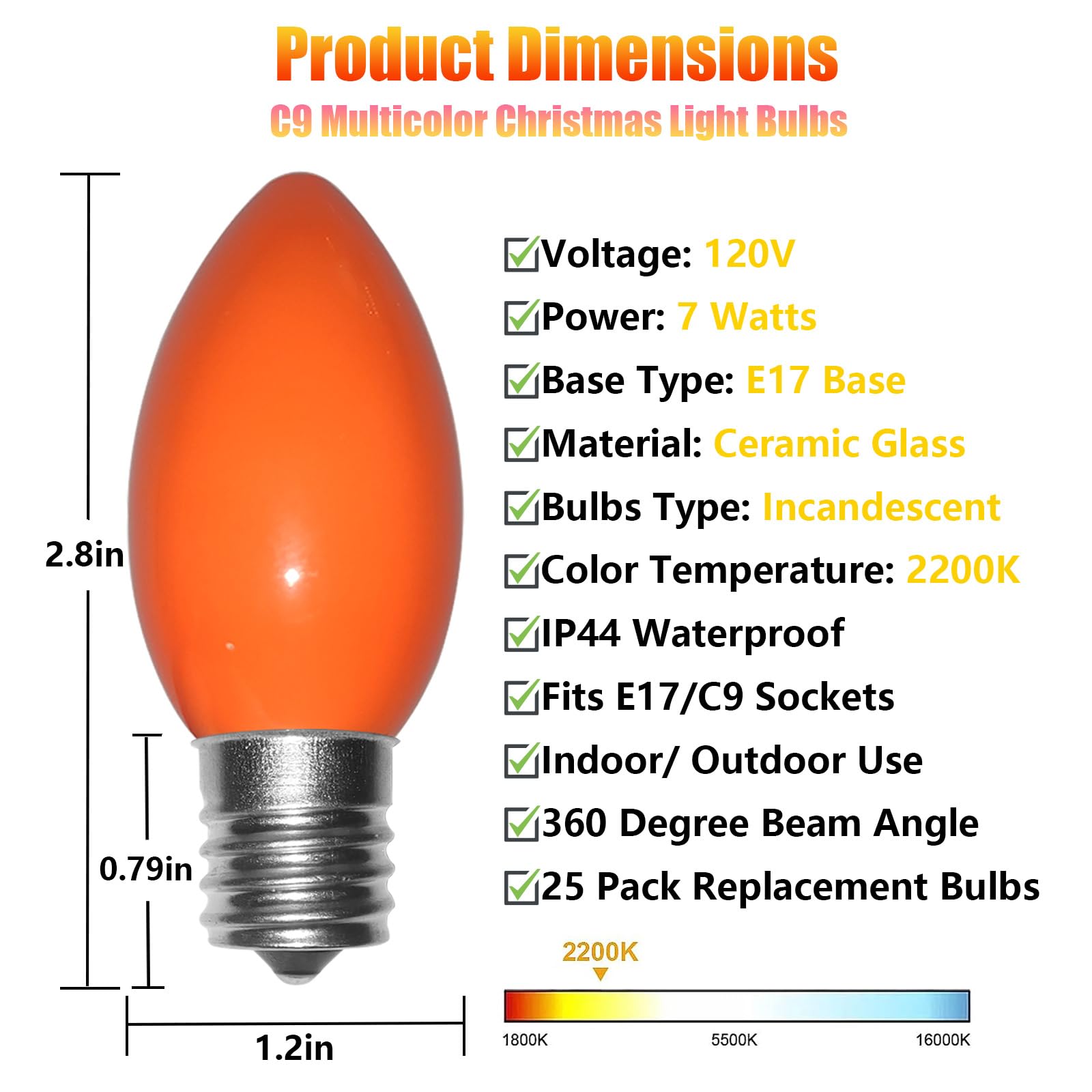 Wxuean C9 Christmas Light Replacement Bulbs  25 Pack Ceramic Colored Christmas Light Bulbs  C9 Incandescent Bulb For Outdoor String Lights Xmas Lights Holiday Decor  E17 Intermediate Base  7Watts