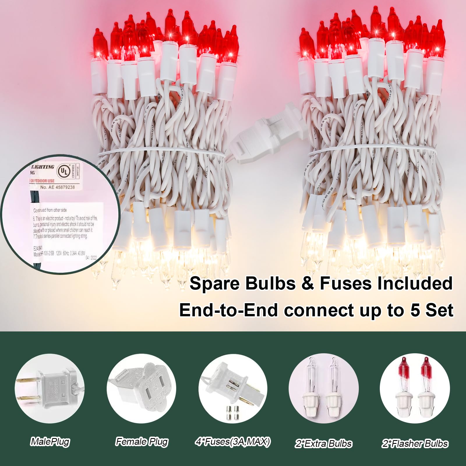 Lamphome 100 Count Red Clear Christmas Lights  White Wire 20Ft Incandescent Holiday String Light Set For Indoor Outdoor Use Christmas Tree  Halloween  Valentine Wedding Lighting Decoration