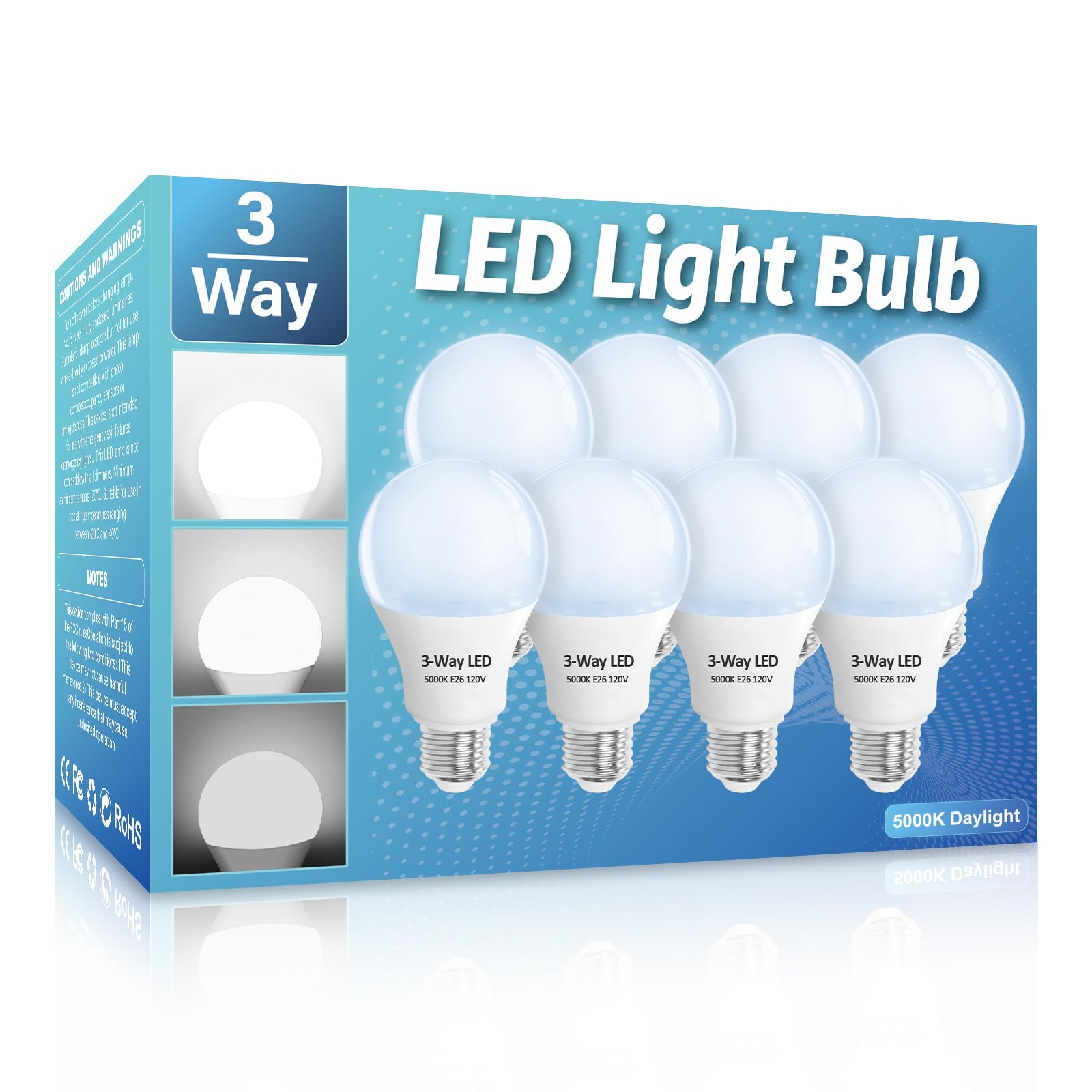Wiyifada 3-Way Led Light Bulbs 8 Pack, 5000K Daylight, 100W Equivalent, A19 Base, Indoor