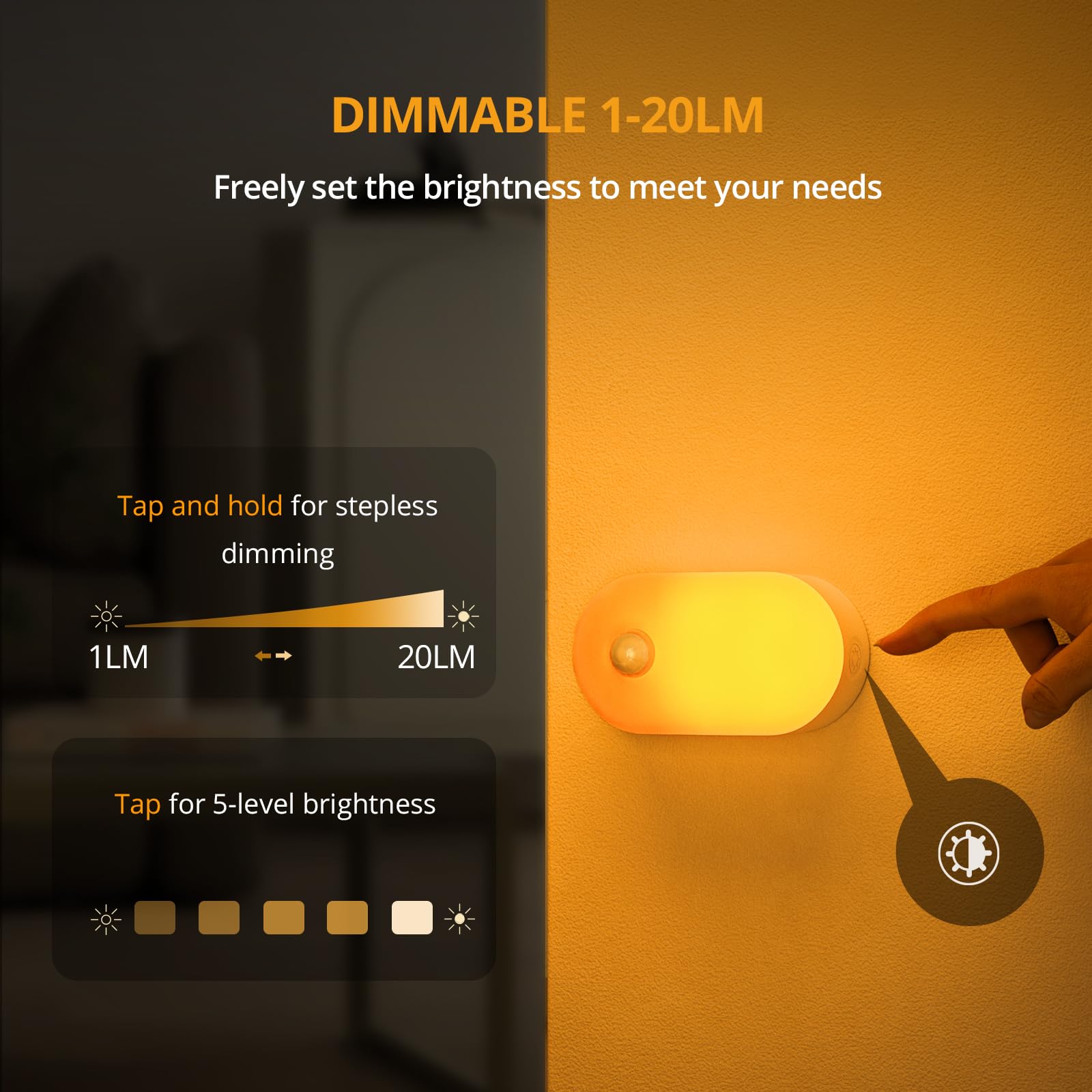 Lyridz Rechargeable Night Light with Motion Sensor, Dimmable Amber Nightlights for Bathroom, Bedroom, Kids Room, Hallway, Stairs