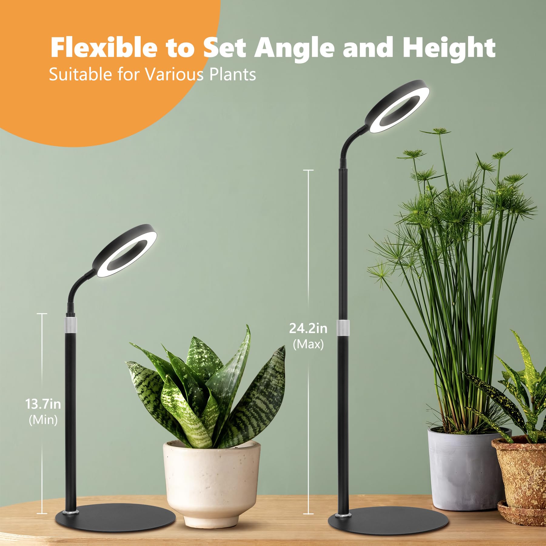 Vsoke Full Spectrum Grow Light for Indoor Plants, 24.2" Adjustable Desk Lamp, 60 LEDs, Black, DeskRinBla, 3 Lighting Modes, 10-Level Dimm