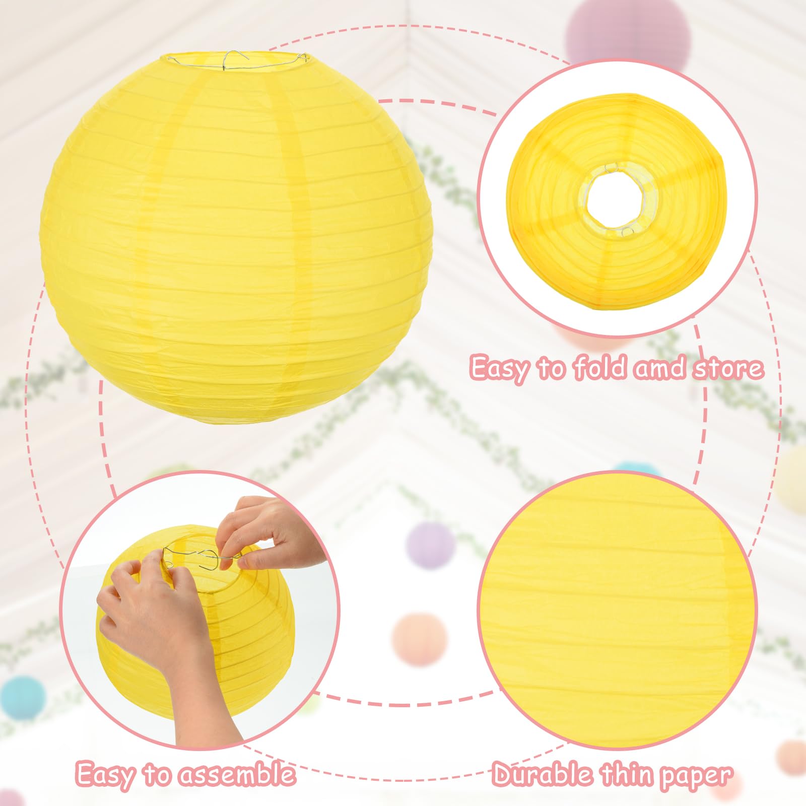 Meccanixity 6Pcs Paper Lanterns Decorative, 6'' 8'' 12'' Lemon Yellow Round Hanging Lantern Chinese Lanterns For Home Decor, Bir