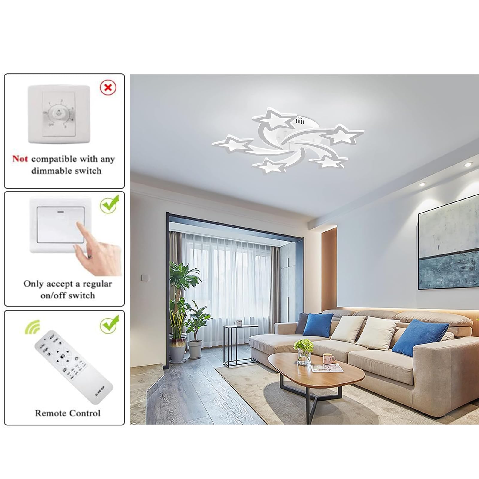 Qcyuui Dimmable Led Ceiling Lights,60W Modern Acrylic Chandeliers,5 Lights Head Star Shape Ceiling Lamp With Remote Control Flus