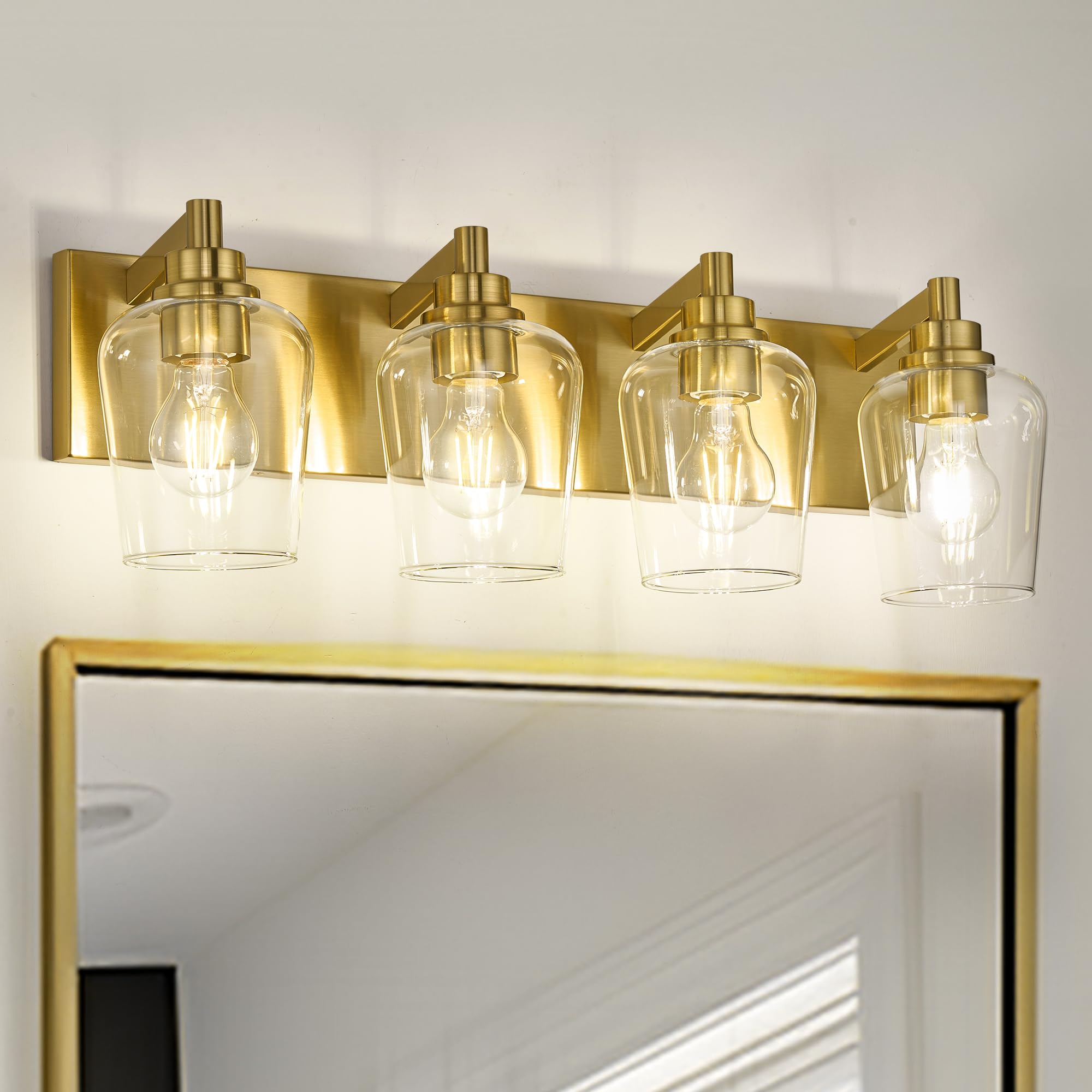 METWET 4-Light Bathroom Vanity Light Fixture, Modern Brushed Gold with Clear Wine Glass Shades, Model VL155-BG-4