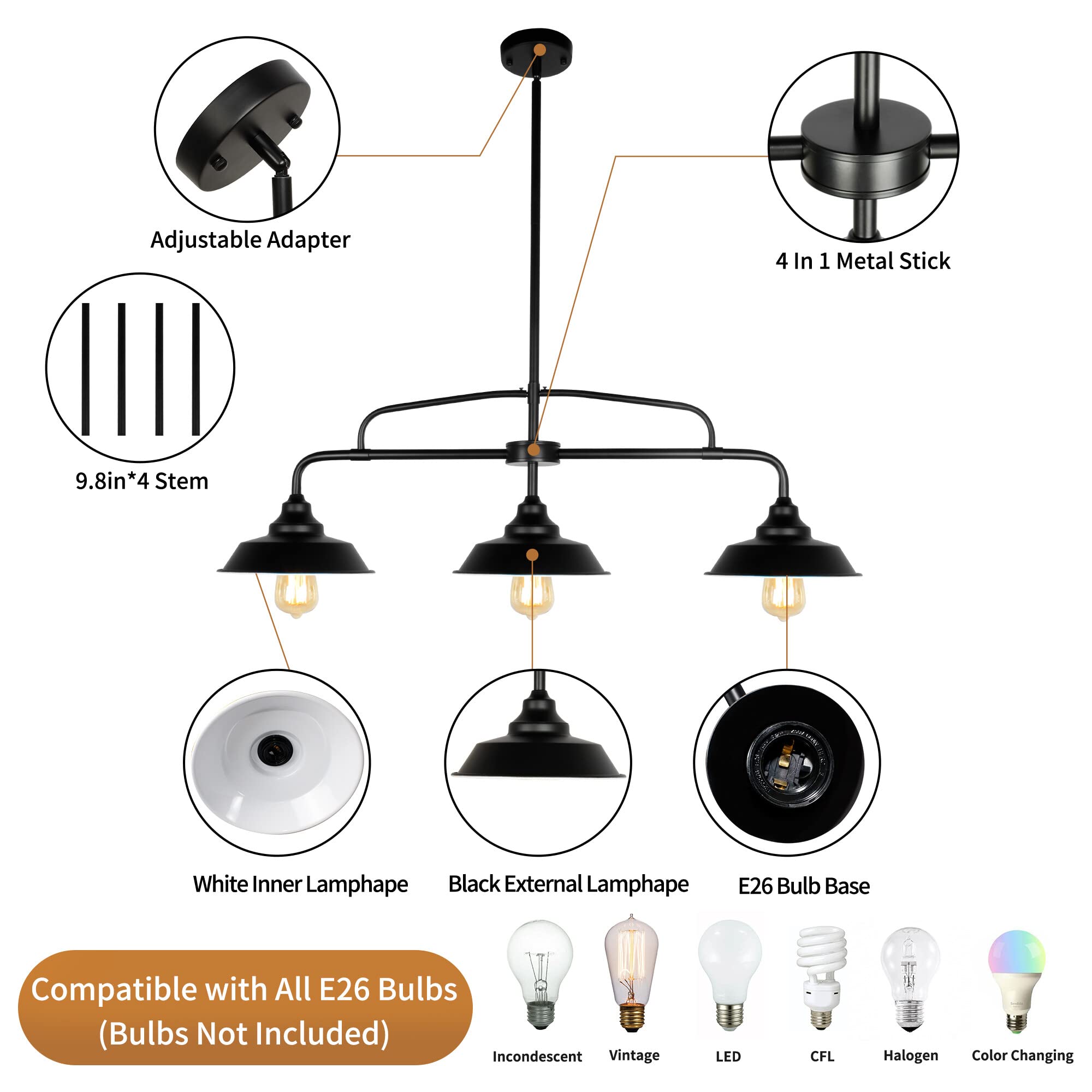 PUZHI HOME Black Pendant Lighting Fixture, 3-Lights Modern Farmhouse Chandelier, Metal, Model 34