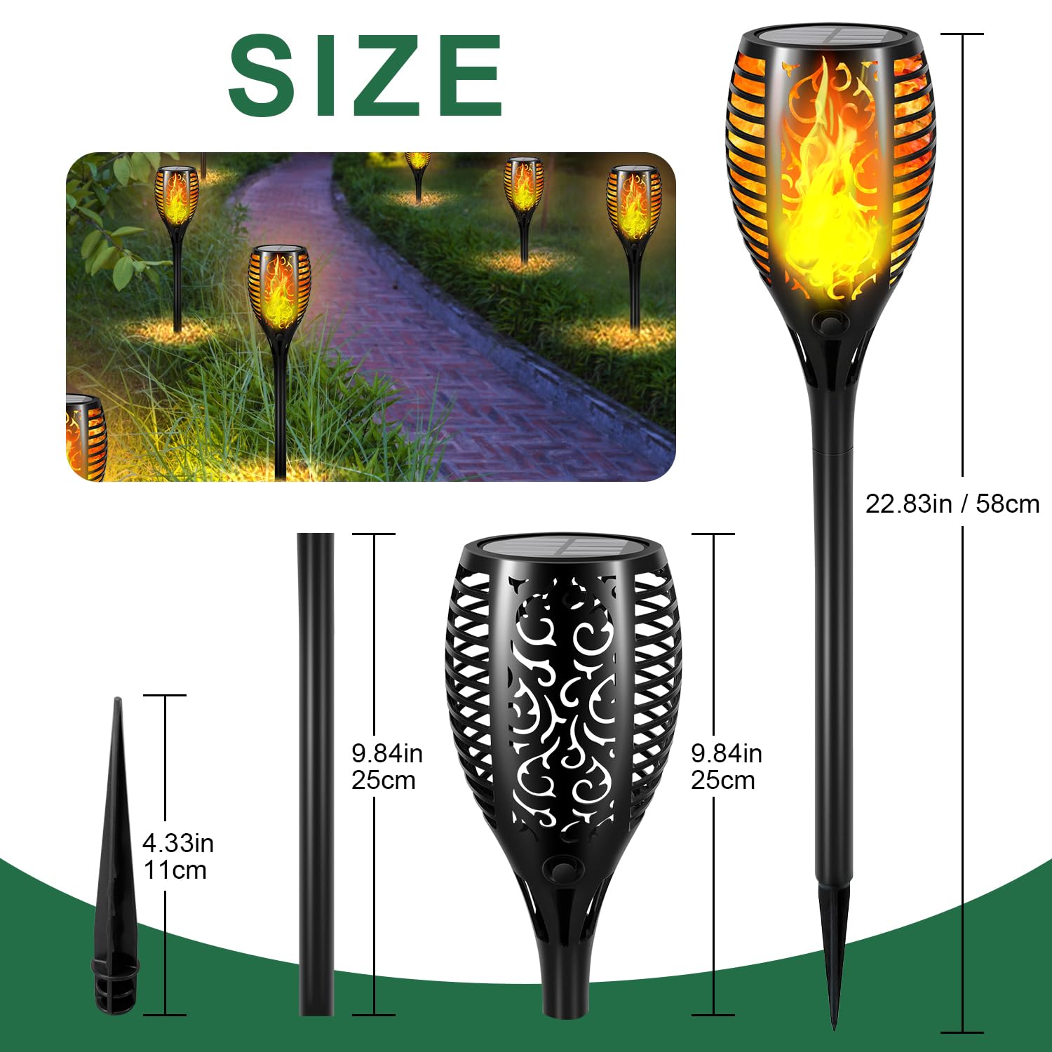 Mionsiden Solar Torch Lights - 51 LED Flickering Flame, 23in Waterproof Tiki Torches, 6 Pack, Large, Black with Orange Flame Effect