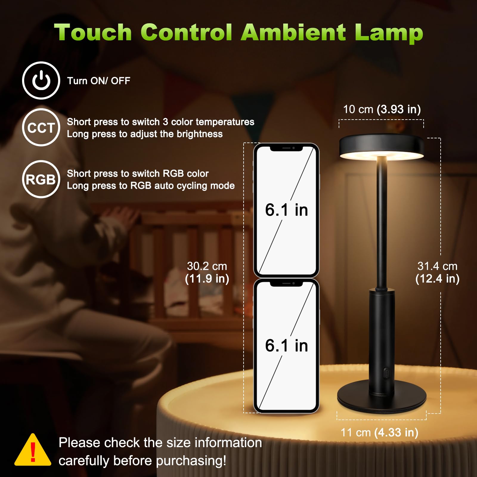 Wowag Small Cordless Table Lamps Rechargeable,5000Mah Battery Operated Portable Desk Lamp,3 Colors & Rgb Stepless Dimmable Wirel