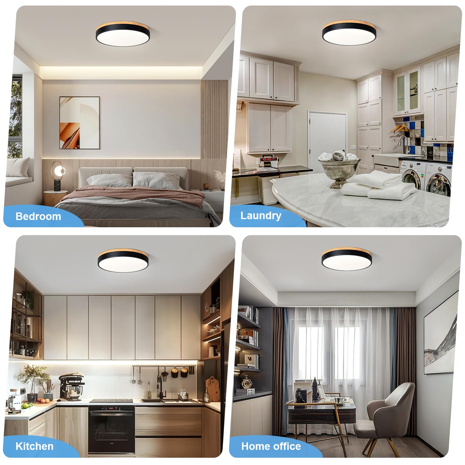 Teminbu Dimmable Wood Led Ceiling Light, 5Cct 2700K-6000K Modern Black Flush Mount Ceiling Light, Minimalist Round Close To Ceil