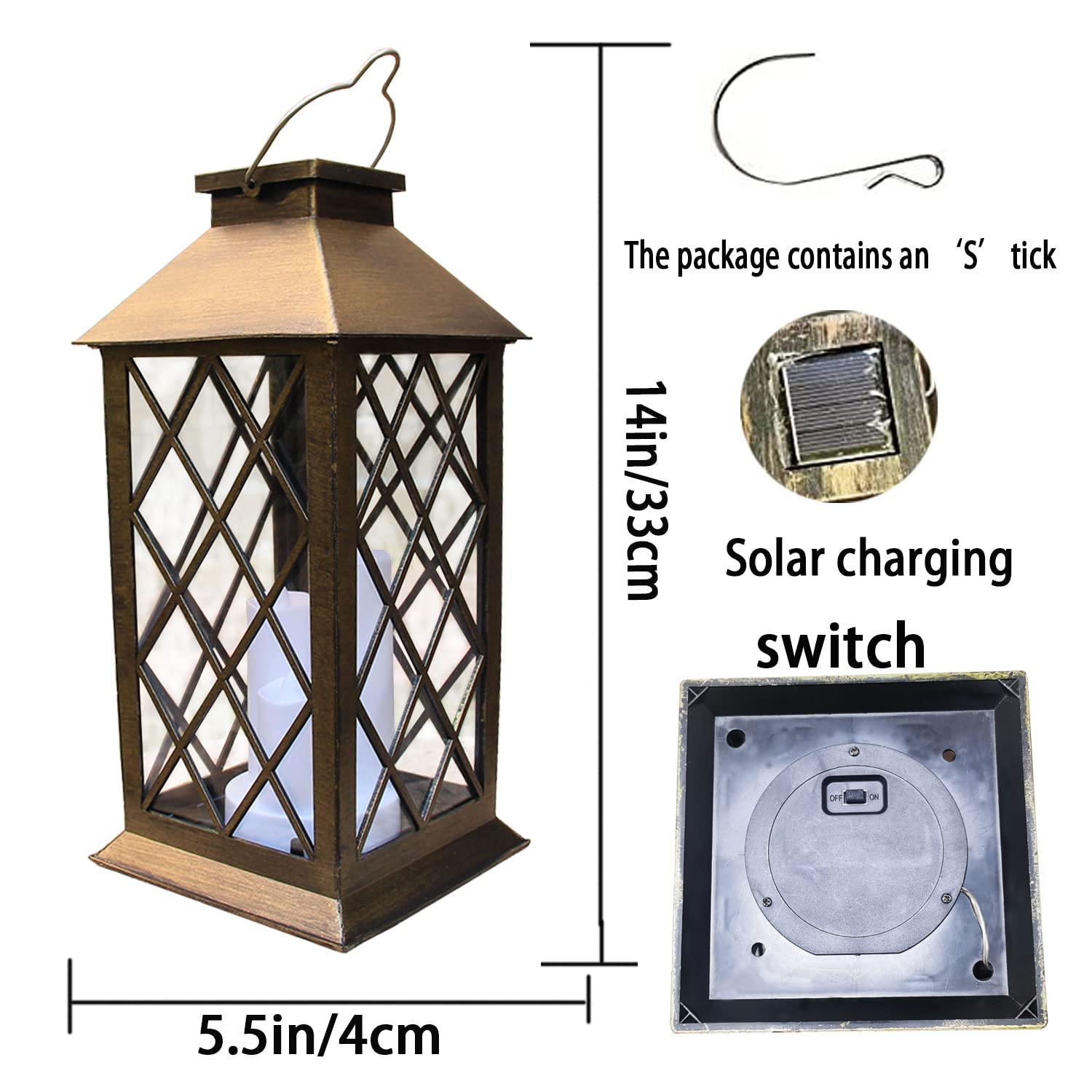 Nanzhujin Solar Lantern Outdoor, Waterproof 3 Led Flickering Candle For Garden & Party, Copper
