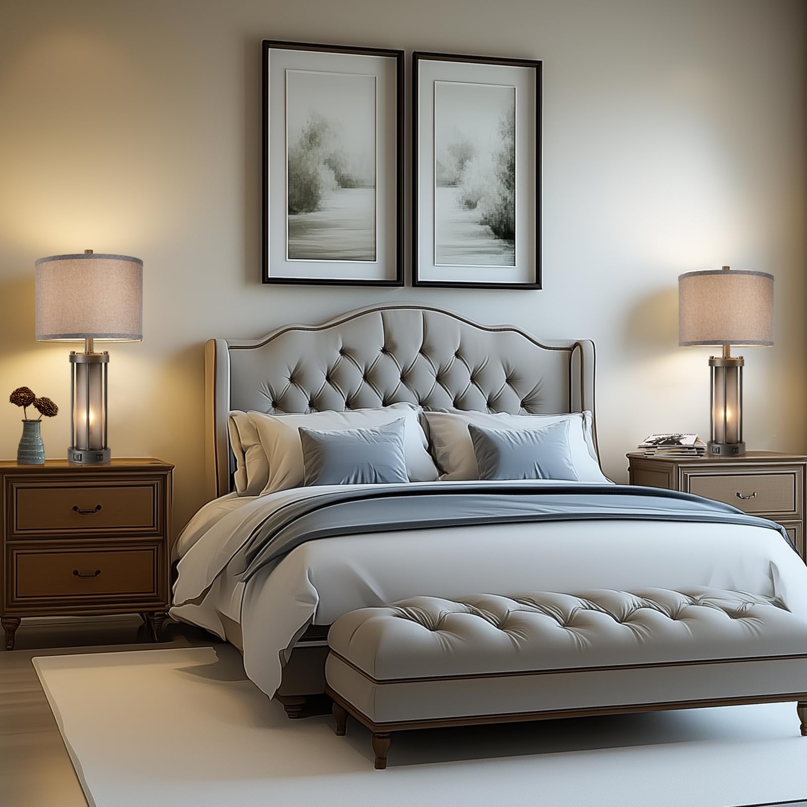 RORIA Set of 2 Rustic Table Lamps, Gray Frosted Glass, 2 USB Ports, Vintage Design, Model LM-8895C, Includes 4 Bulbs