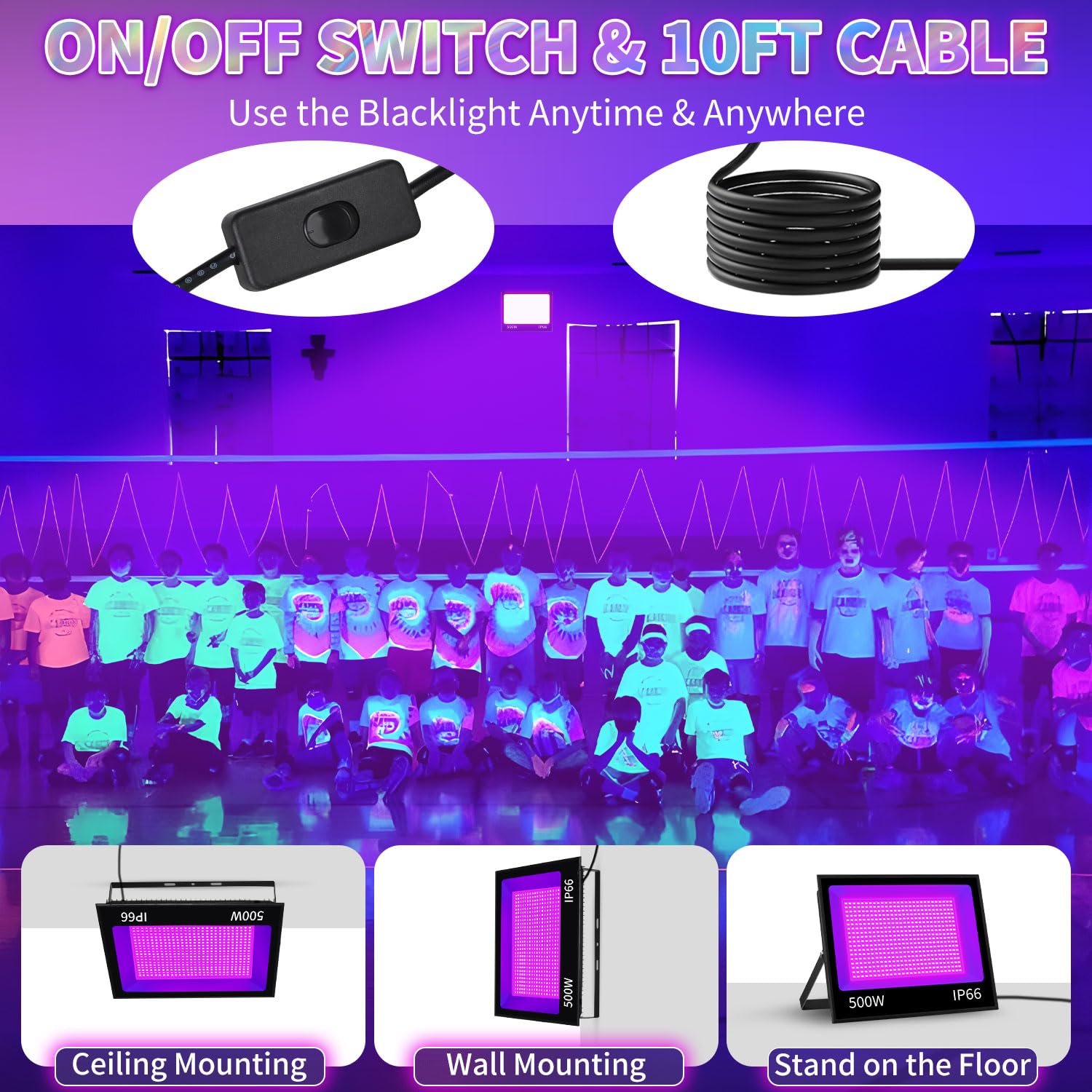 ISUERFY 500W LED Black Light Flood Light, IP66 Waterproof, 2 Pack, Aluminum, Ideal for Party, Gym, Halloween, Stage Lighting