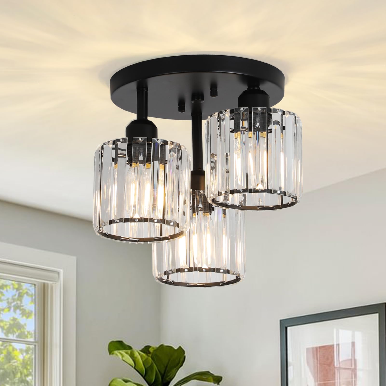 PAUFUL Crystal Semi Flush Mount Ceiling Light,3-Light Modern Close to Ceiling Light Fixtures,Black Kitchen Light Fixtures with C