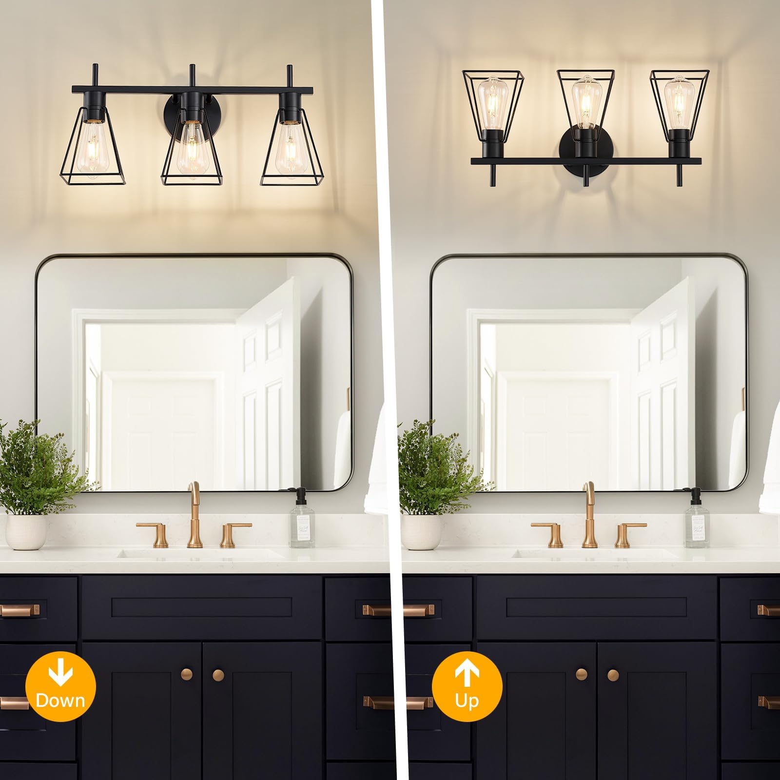 Fonmyim Farmhouse Bathroom Vanity Light Fixtures Over Mirror, Matte Black 3-Light Wall Sconce With Metal Cage, E26 Socket (Bulbs