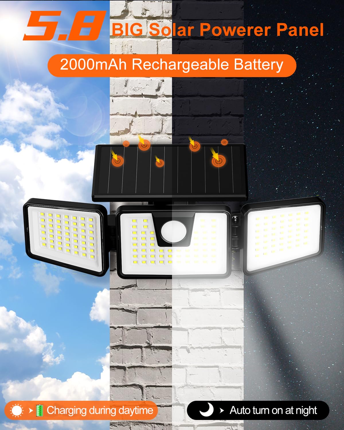 Incx Solar Motion Sensor Lights Outdoor, 3 Heads Security Lights Solar Powered, 156 Led Flood Light Motion Detected Spotlight Fo