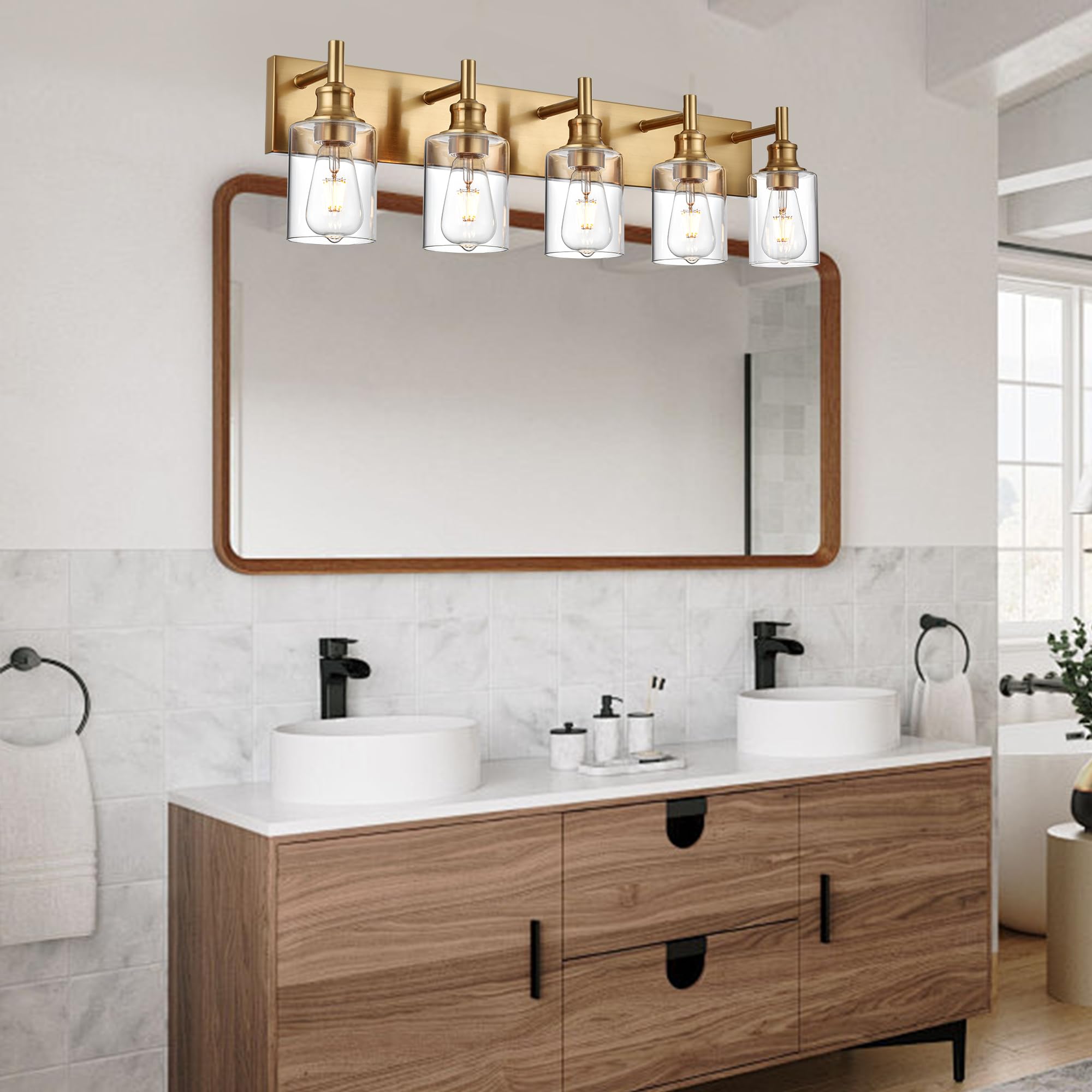 Wanluce 5 Light Vintage Brushed Brass Bathroom Vanity Light Fixtures Over Mirror With Clear Glass Shades, Farmhouse Wall Sconces