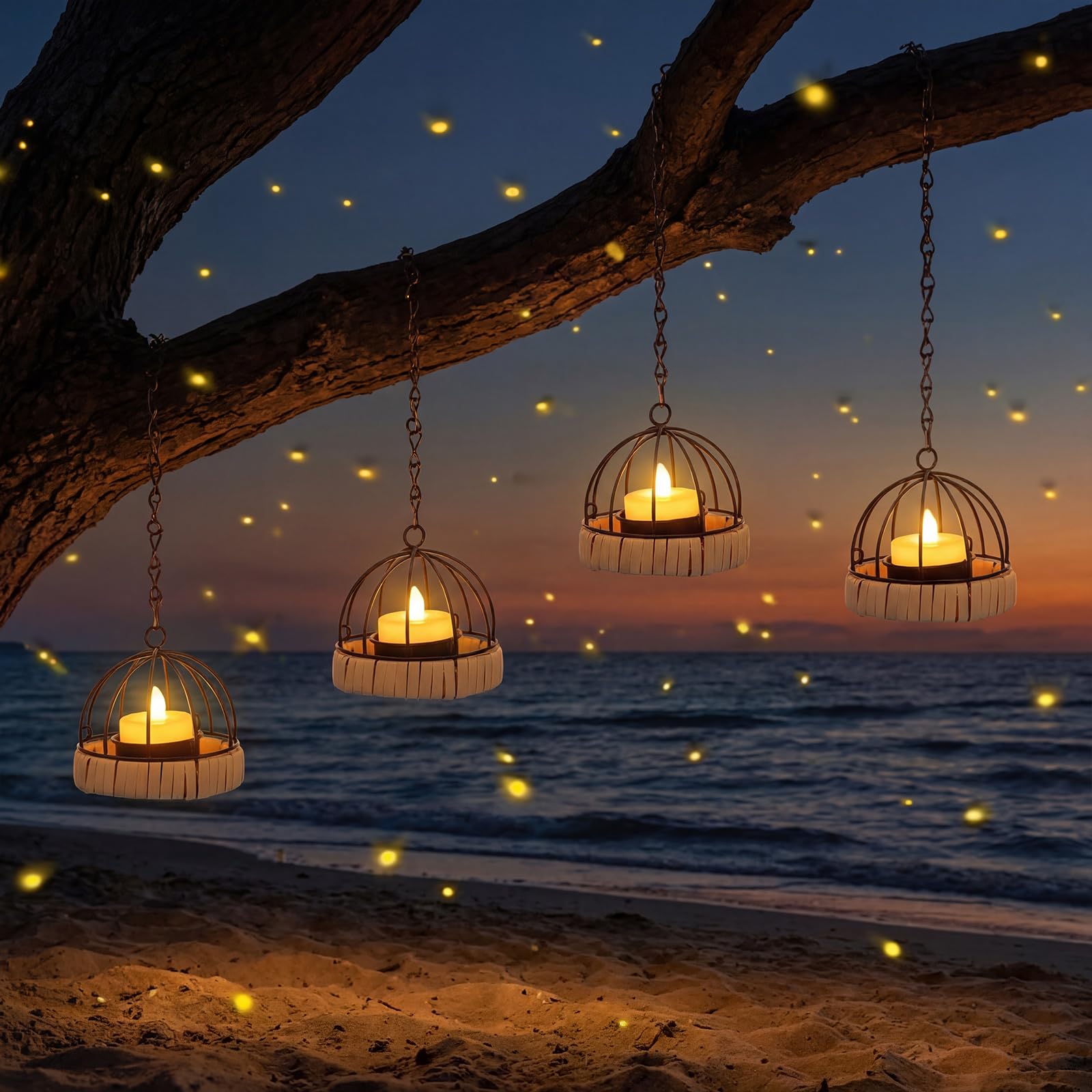 VIHOSE 4 Pack Solar Lanterns Outdoor Waterproof, Hanging Solar Lights Iron Ball with Flashing Tea Wax, Decorative Rechargeable L