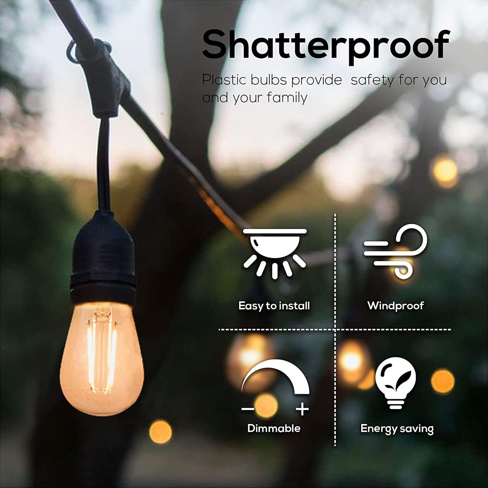 Banord Outdoor String Lights Vintage Led Filament Bulb, Shatterproof E26 Screw Base Edison Led Light Bulbs For Indoor & Outdoor