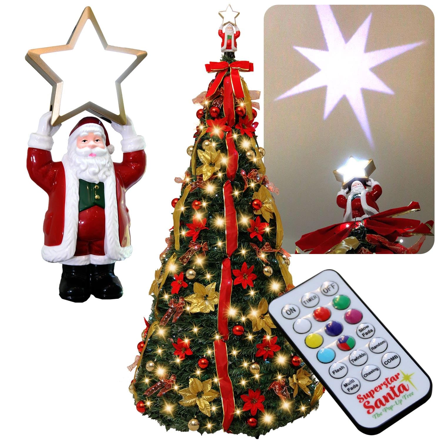 Star Shower Superstar Santa Pop-Up Christmas Tree, 7FT, Pre-Lit, 200 LED Lights, Multi-Color, Remote Control, Fully Decorated
