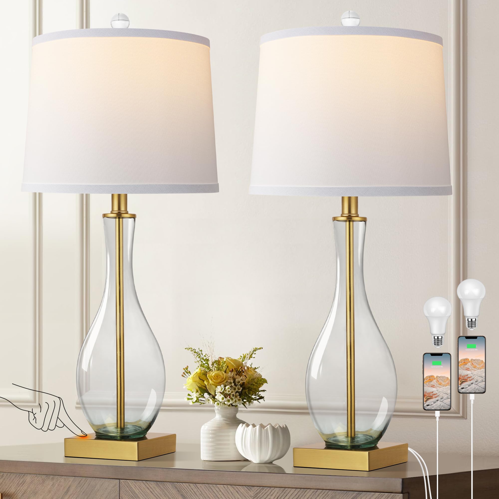 WIHTU Table Lamps Set of 2, Touch Control, 27in Glass Bedside Lamps, 3-Way Dimmable, USB C/A Charging, Gold, Model WTLP357AJ