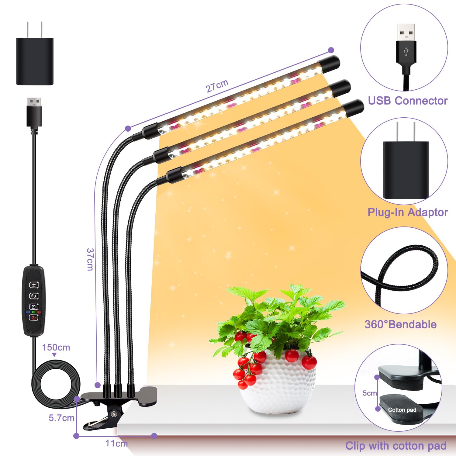 SDOVUERC LED Grow Light with Clip, Full Spectrum, 2 Pack (3 Heads), Aluminum, One & Two Head, Model TL-8WRG