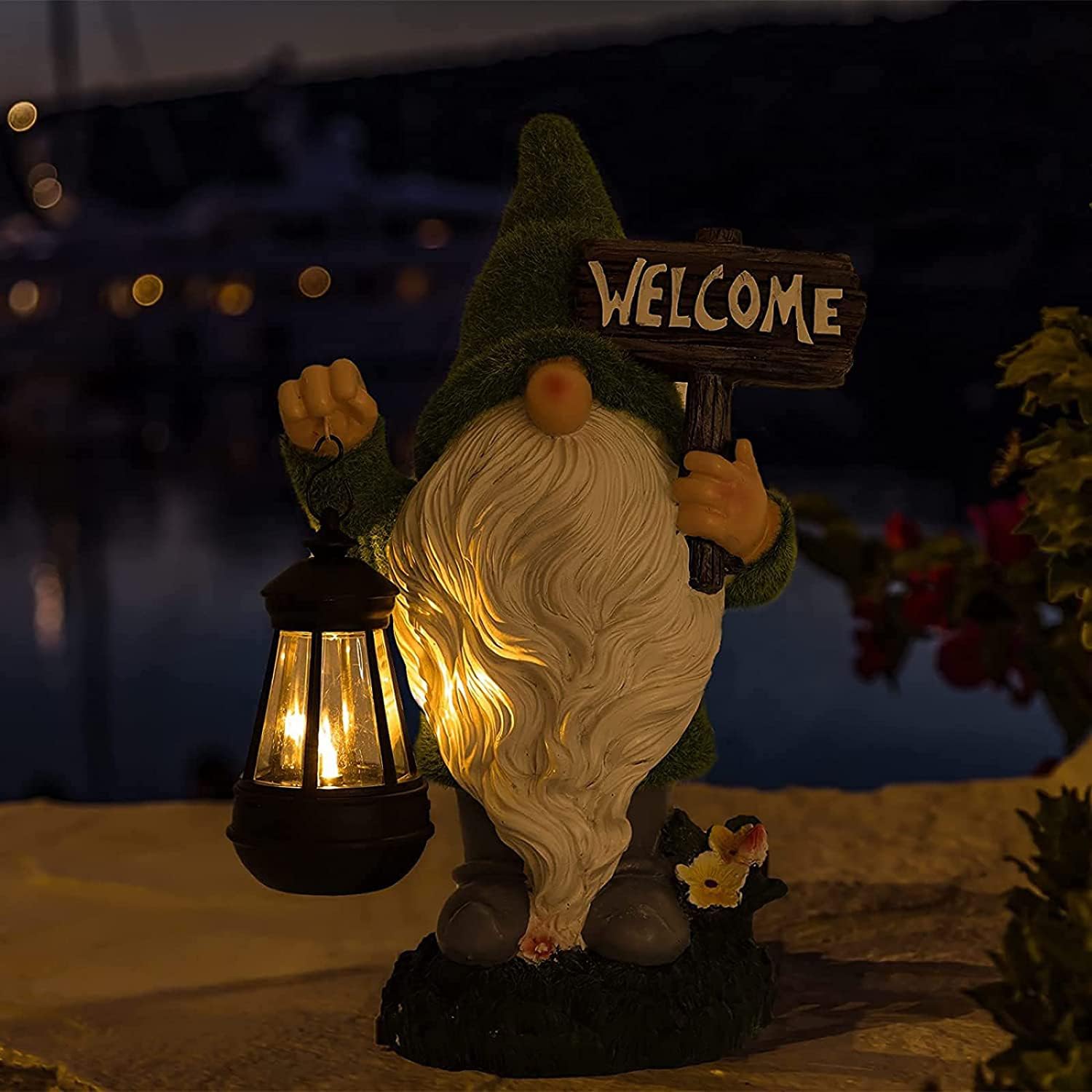 Meagkka Garden Gnome Statue Outdoor Decor Large Flocked Resin Gnome Figurine With Solar Light Holding Lantern Welcome Sign Garde