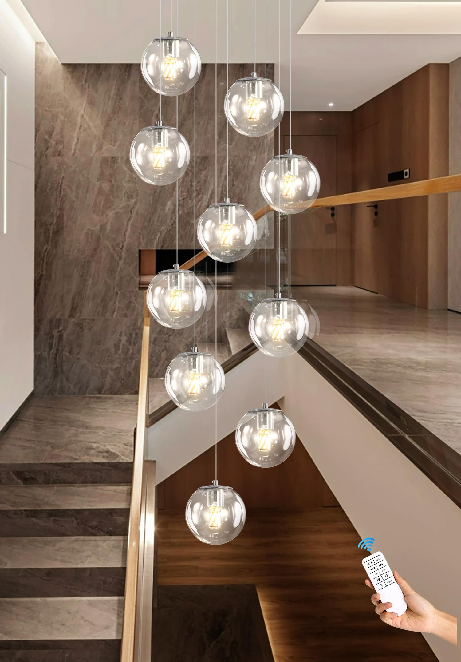 Ykolupty Silver Led Staircase Chandelier 10-Light Clear Glass Ball Chandelier Dimmable Pendant Lights Large Chandeliers For High
