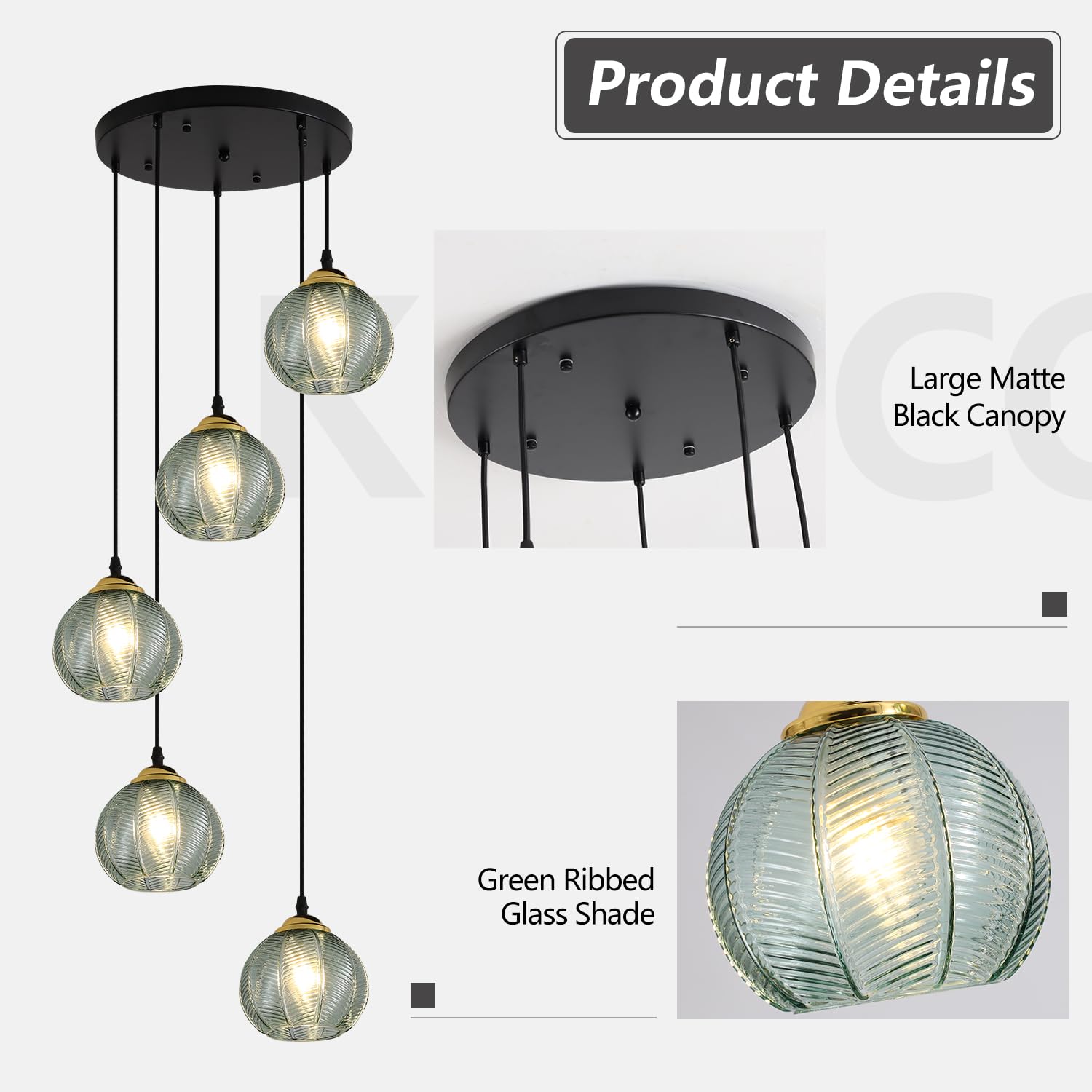 KCO Lighting 5-Light Cluster Pendant Light, Black Globe, Vintage Green Glass, Model L1170-G