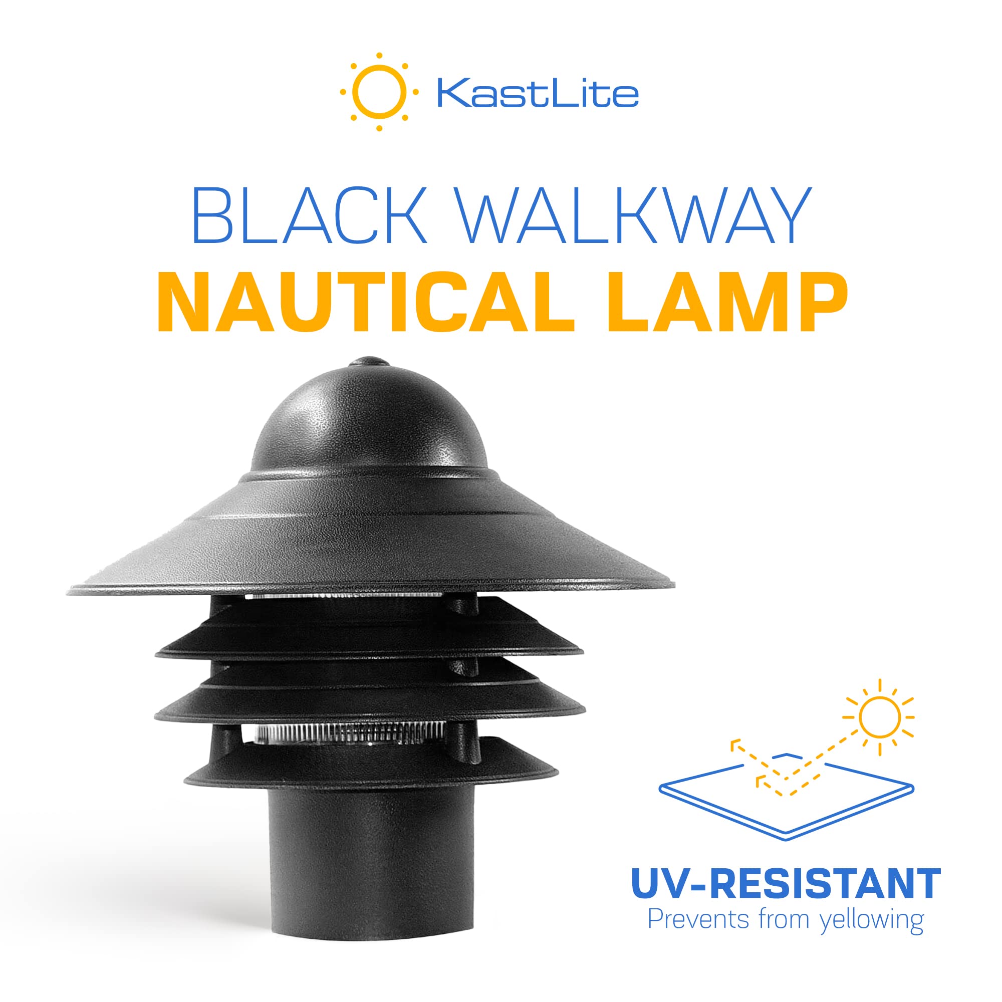 KastLite Nautical Post Walkway Lamp | 10in High | Black | UL Listed | Fits 3in Posts | Model KL-NAUT-PM-B-BULB