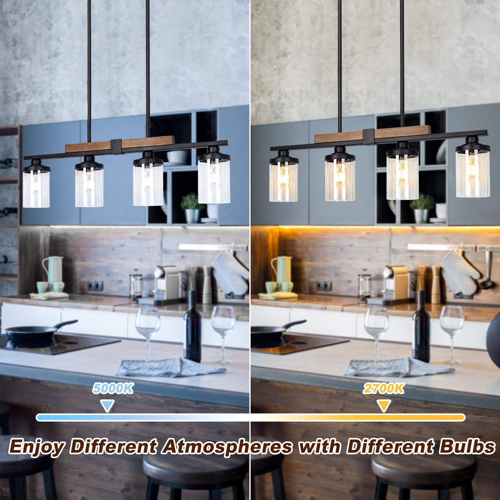 Dining Room Light Fixture Over Table, Farmhouse 4-Light Kitchen Island Lighting, Modern Wood Chandelier With Adjustable Height, Large Industrial Black Pendant Lights Ceiling Hanging For Living Room