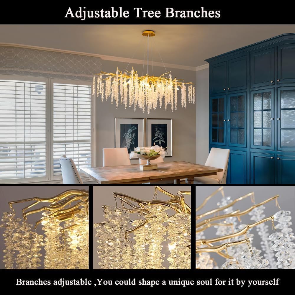Puvaue Tree Branch Chandelier L47 Luxury Rectangular Crystal Raindrop Pendant Light 13 Lights Kitchen Island Hanging Light Fixtu