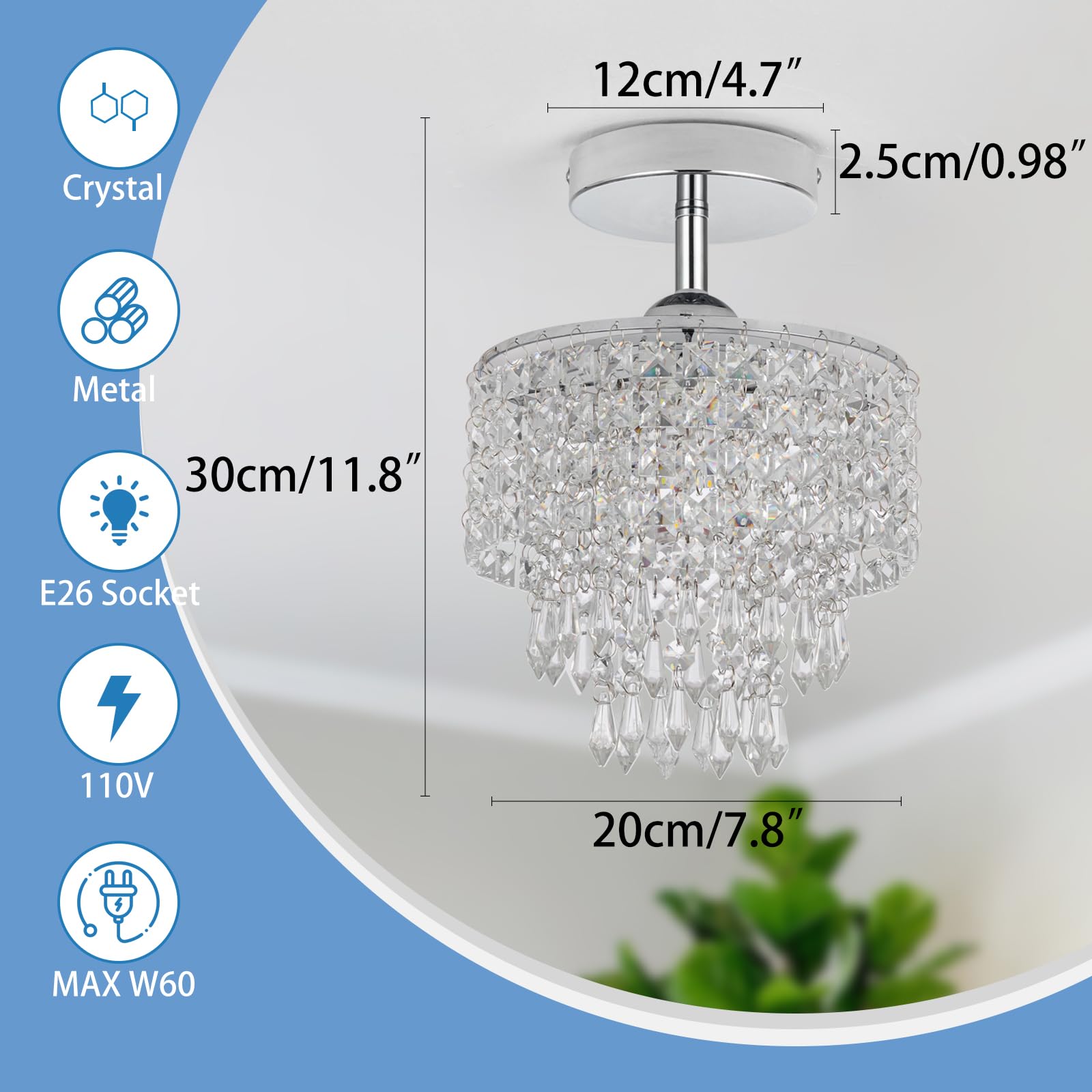 Hongnuofc 8'' Mini Crystal Chandelier 3-Tier Crystal Raindrop Semi Flush Mount Ceiling Light Fixture Small Chandelier For Bedroo