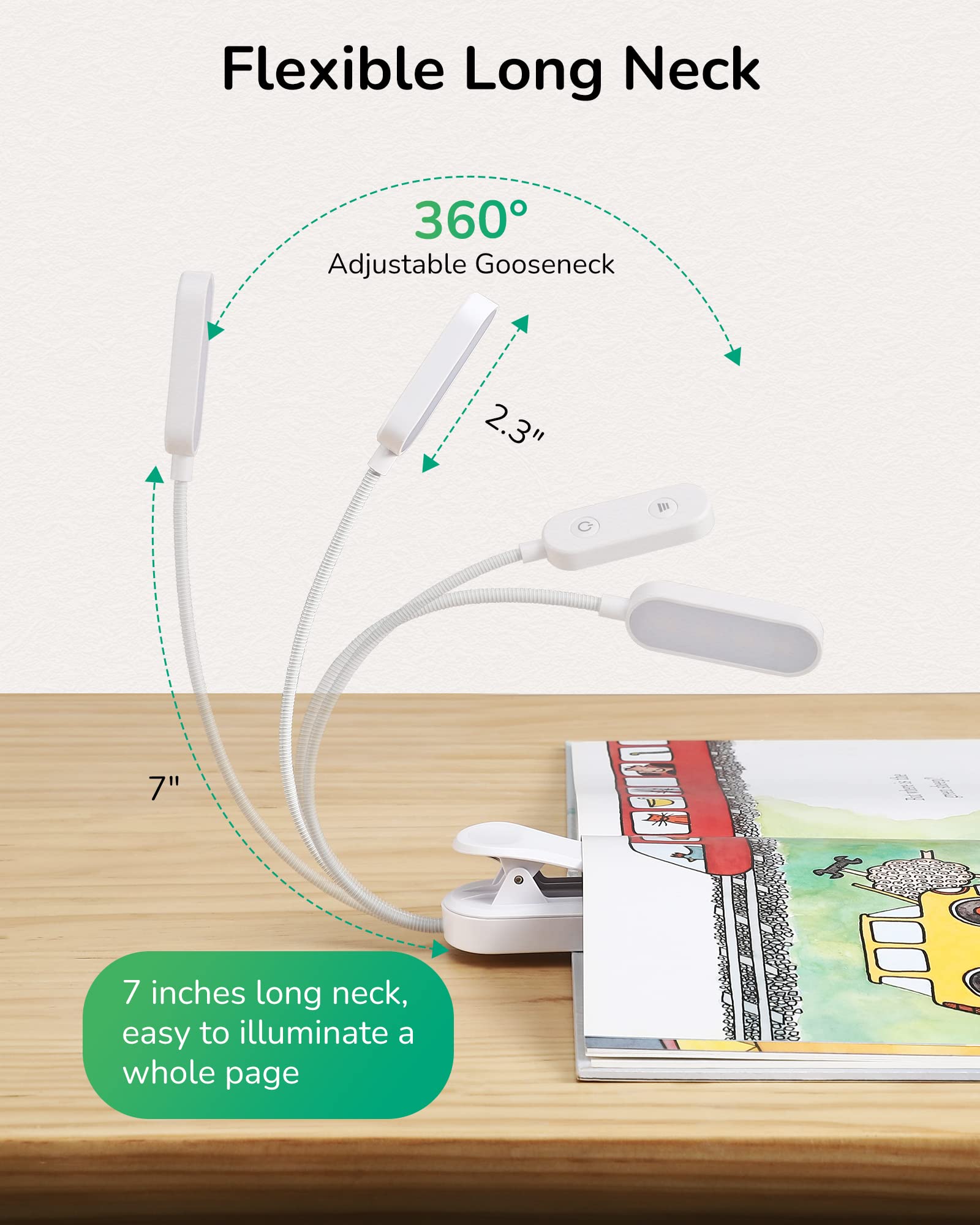 EDISHINE USB Rechargeable Clip On Book Light, 3 Color Modes, Dimmable, Eye Care LED Lamp, Model HBRL11A1, White