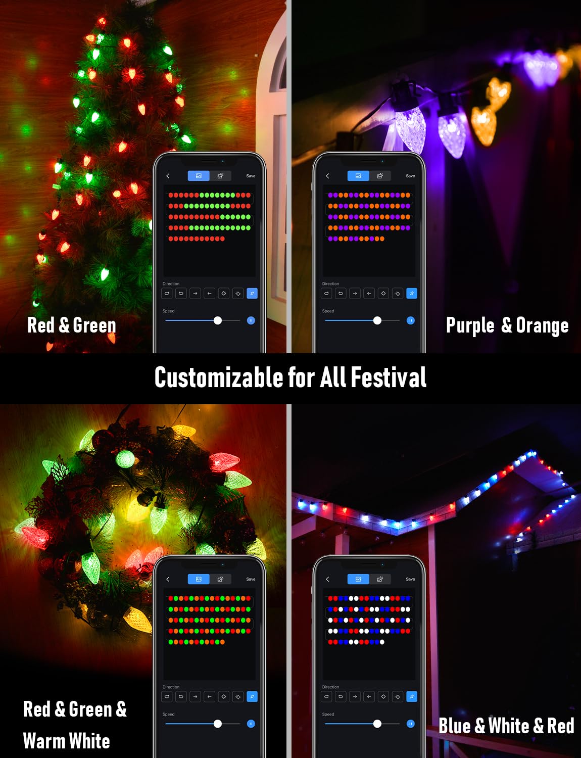 200LED 174 FT Smart C9 Christmas String Lights Plug in APP Programmable Fairy Twinkle String Lights 58 Modes RGB Color Changing