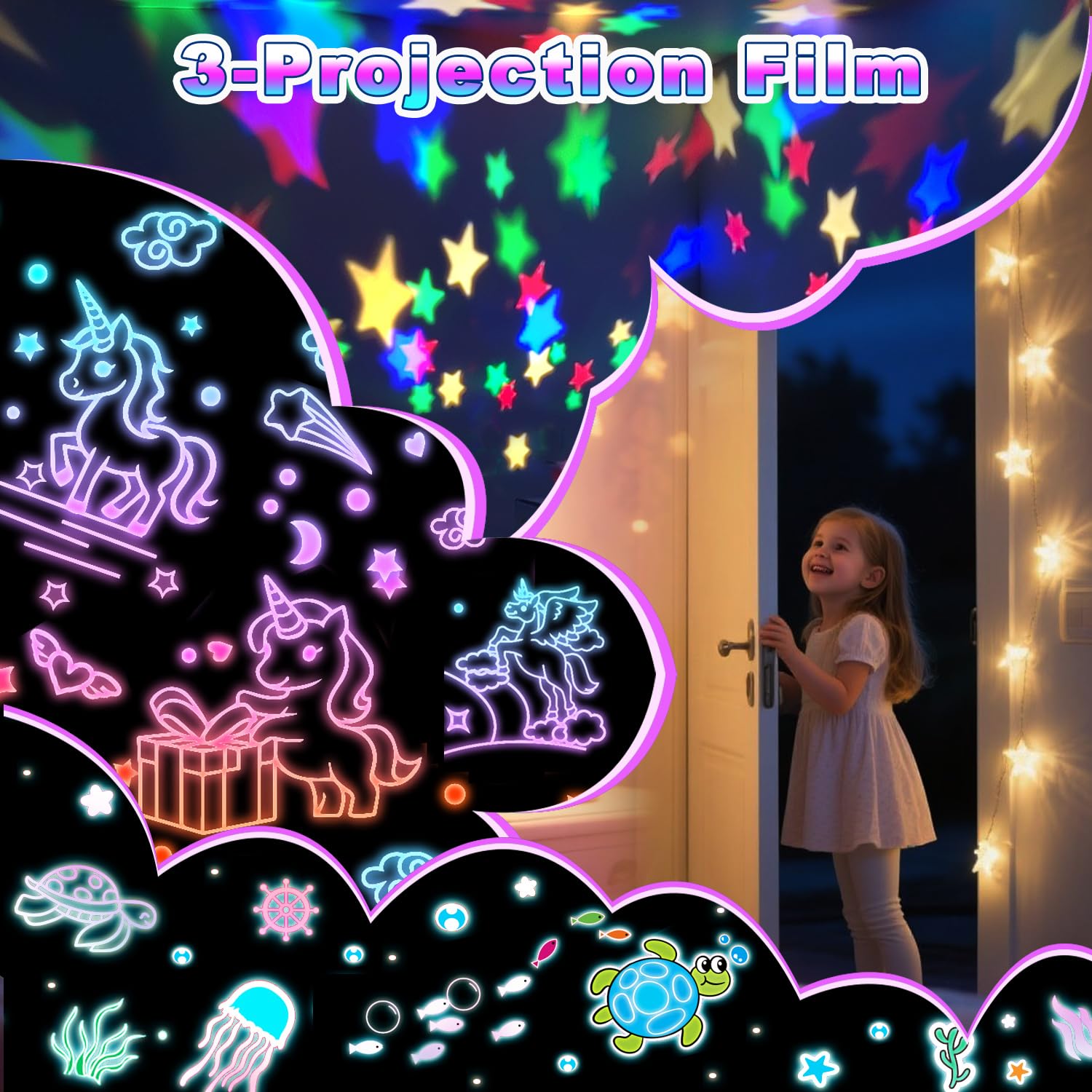 DQMOON Unicorn Night Light Projector, 360° Dimmable Ocean Lights, 5.12inx5.12inx3.54in, Pink, Model 012-2502-01