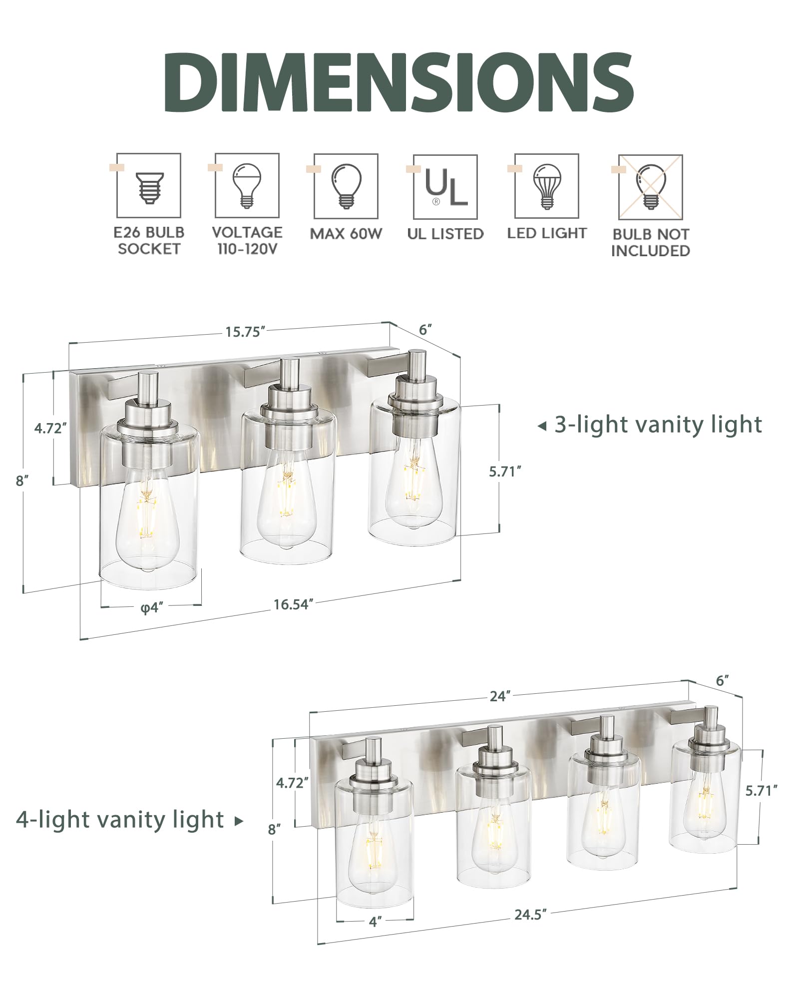 Metwet 4-Light Bathroom Light Fixtures, Brushed Nickel Vanity Light With Cylinder Clear Glass Shade, Modern Vanity Lighting Fixtures Over Mirror, Vl143-Bn-4