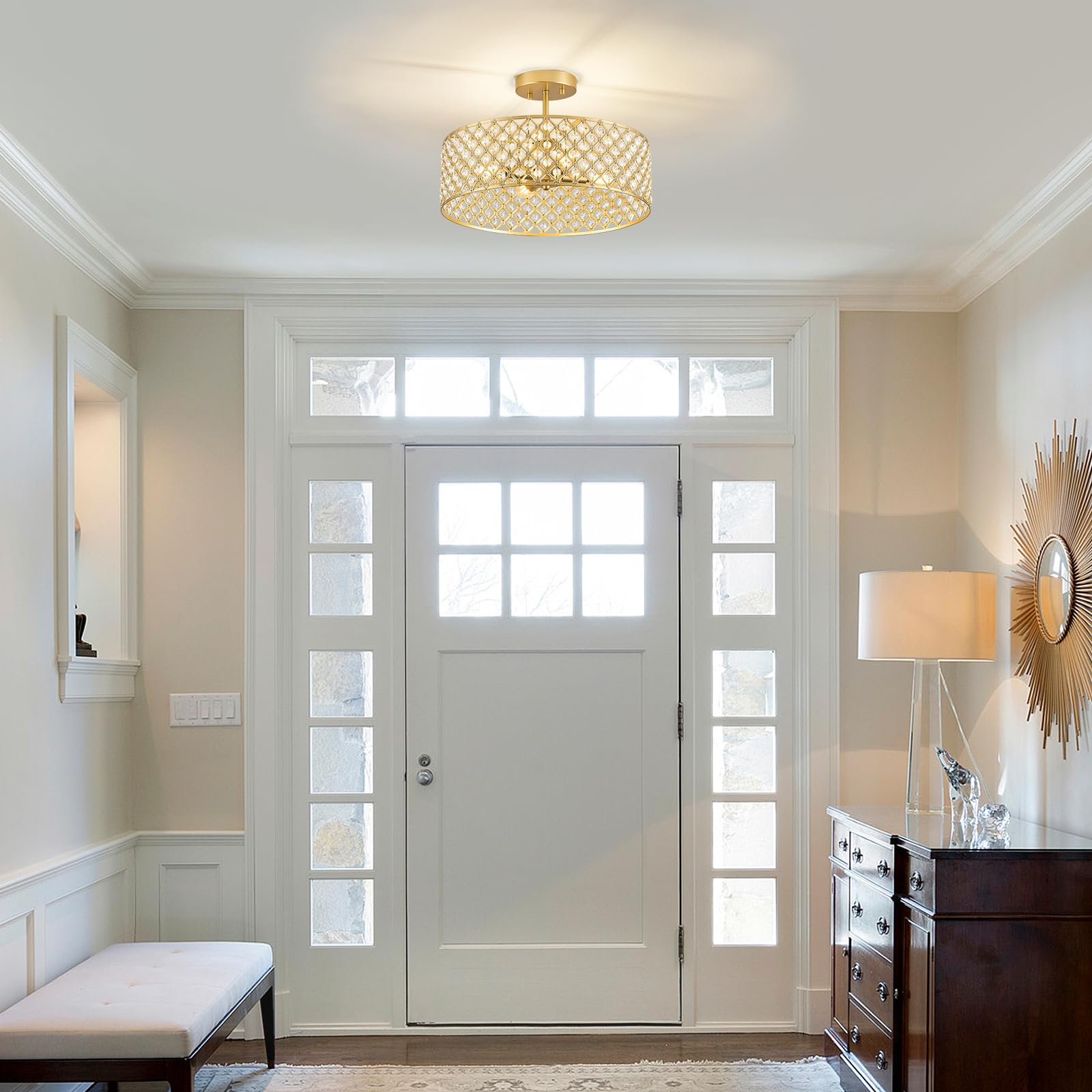 Bzvesr Gold Crystal Ceiling Light Fixture Modern Semi Flush Mount Ceiling Lighting Fixture Round Small Chandelier For Dining Room  Hallway  Entryway  Kitchen  Bedroom Foyer 4 Light 15.7 Inch