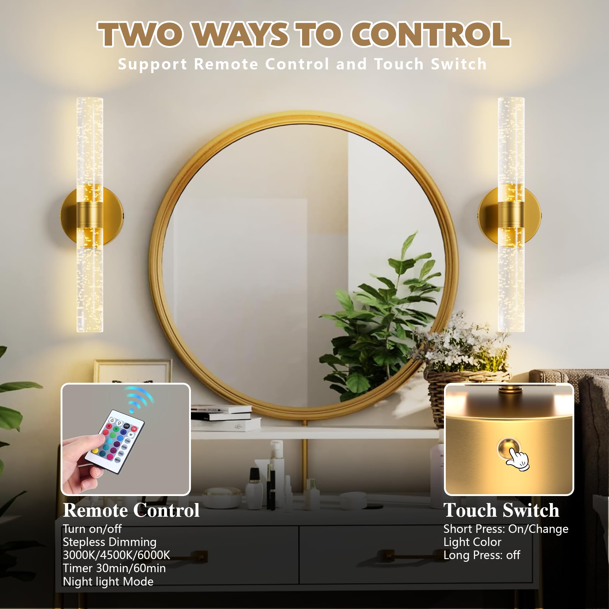 Gift4U Gold Battery Operated Wall Sconces, Set of 2, 15 Color Dimmable, Rechargeable with Remote Control, Crystal Design for Home Decor