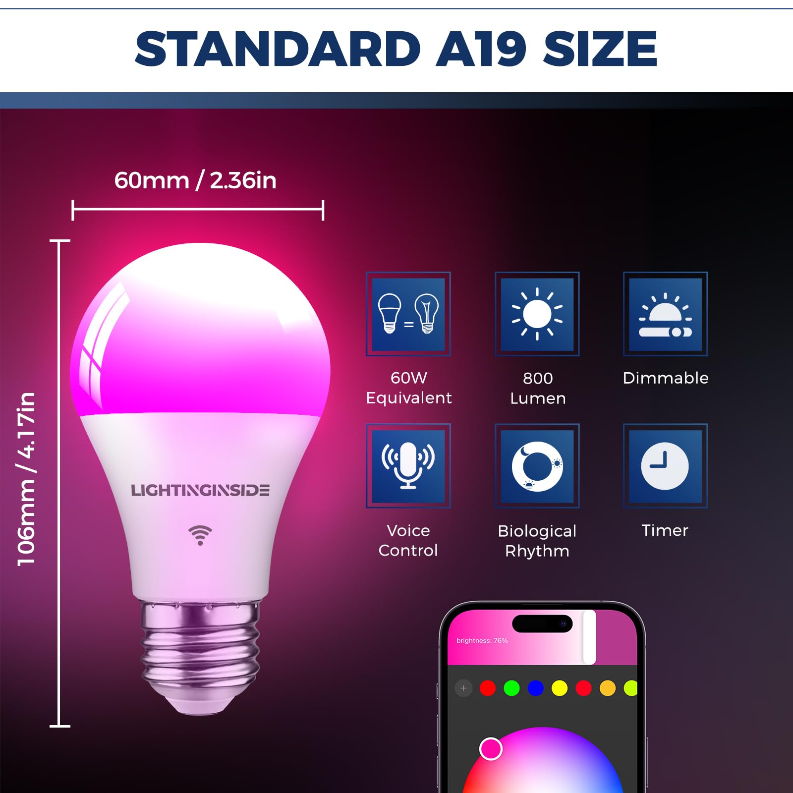 Lightinginside Smart Light Bulbs, WiFi Compatible, A19 E26, RGBCW, 9W 800LM, 4 Count, ETL Listed, Works with Alexa/Google Assistant