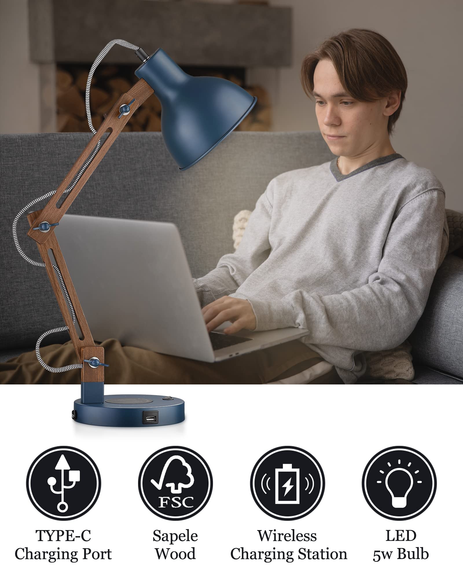 ELYONA Sapele Wood Desk Lamp with Wireless Charger, USB-C Port, Modern Blue, Medium Size, LED Bulb Included - Perfect for Bedroom, Office, Living Room